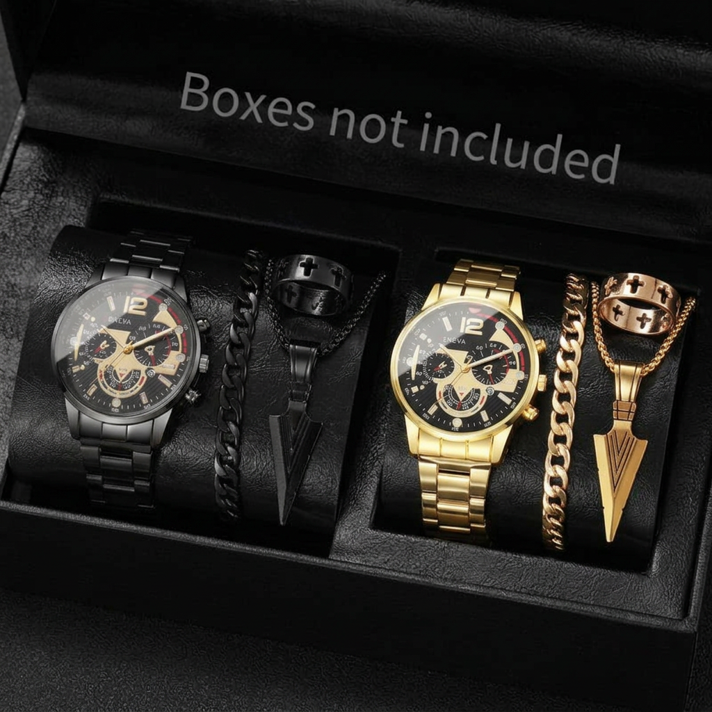 Help me put the watches and accessories from the two pictures into one watch box, without changing the placement of the watches and accessories.