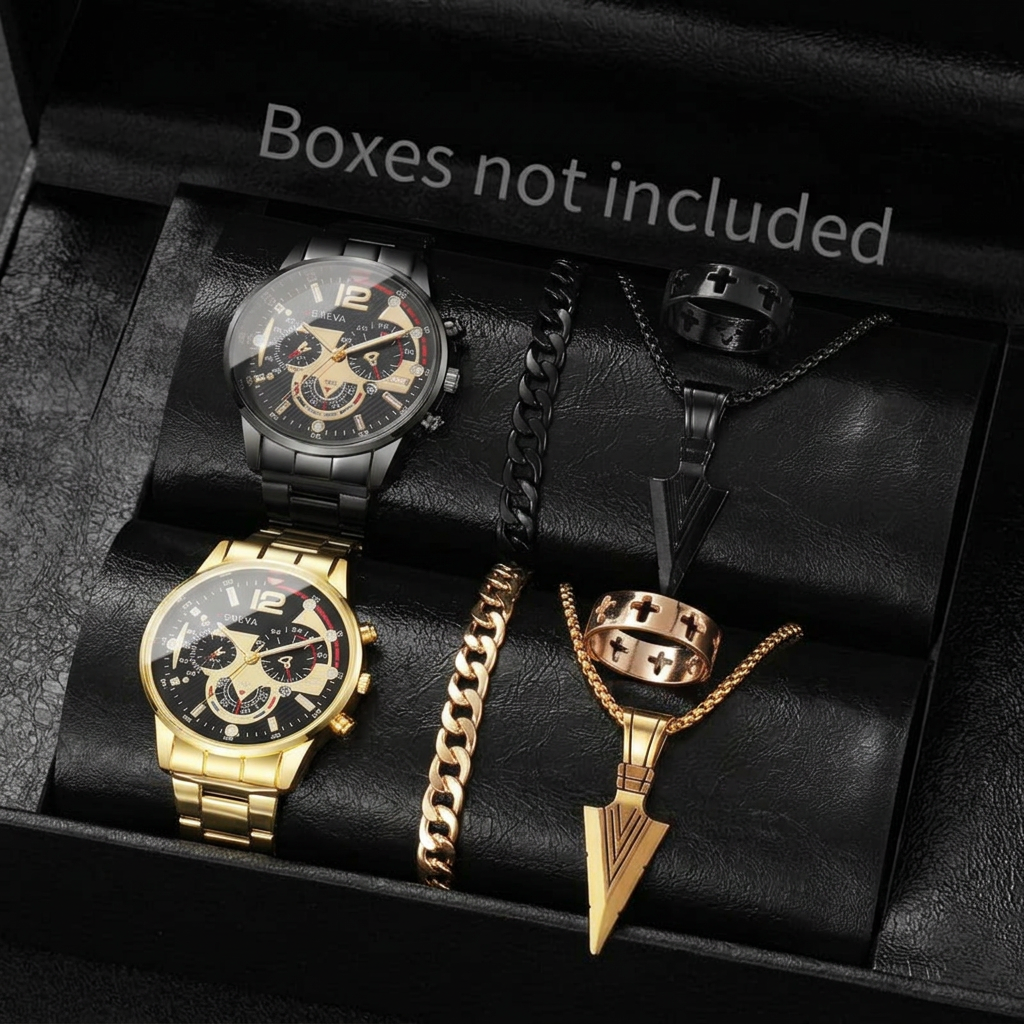 Help me put the watches and accessories from the two pictures into one watch box, without changing the placement of the watches and accessories.