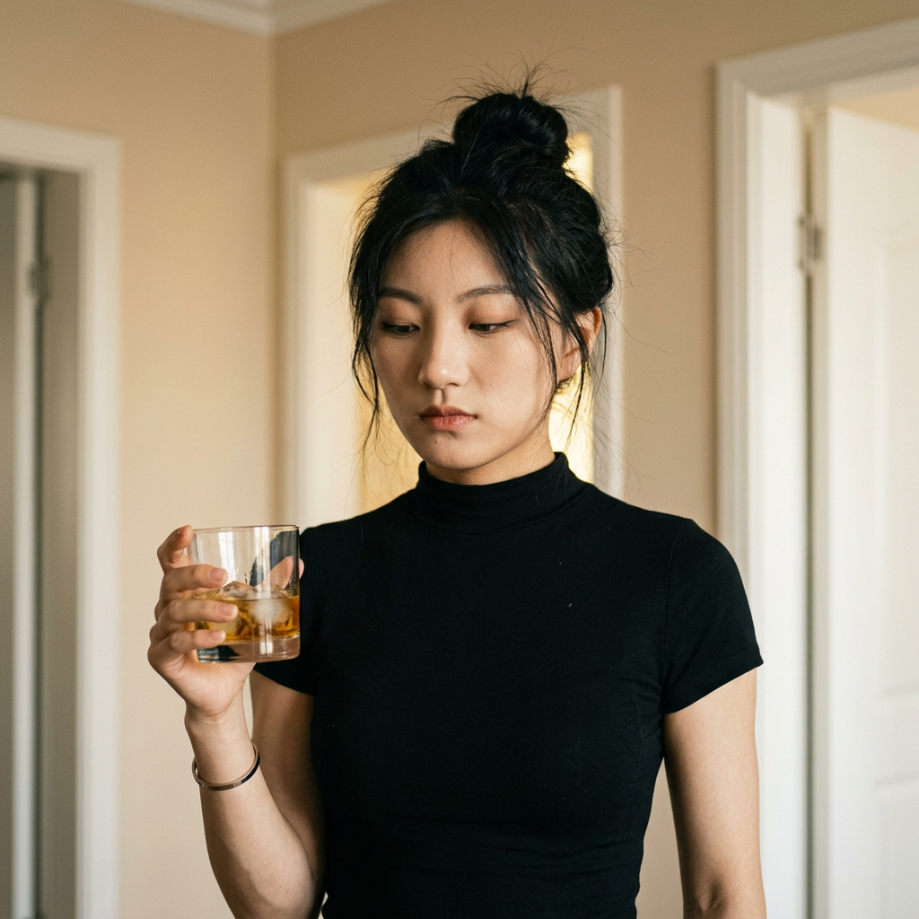 根据图片生成一张具有胶片+CCD双重质感的真人写真，核心主体为气质东亚少女，黑色丸子头碎发凌乱蓬松有型或松开的蓬松长发，面部棱角分明，眉眼精致，低头呈现慵懒疏离的神态；身着黑色高领紧身上衣，左手持带冰块的一杯威士忌，手腕佩戴简约饰品，手臂线条利落；背景为浅米色墙面+白色门框的居家室内，暖黄色侧后方自然光营造柔和明暗光影，无明显阴影硬边；画面要求：人物姿态自然无僵硬感，衣物褶皱、发丝纹理、玻璃杯冰块质感真实还原，浅景深突出主体，色彩偏暖调且还原现实，杜绝AI感与网红感，整体呈现生活化的胶片纪实氛围，分辨率为高清1080P。
画幅：3:4 或 4:5
- 画质：高清，细节清晰
- 风格强化：柔和光影、浅景深、自然肤色
请生成符合以上描述的10个不同姿态的整体画面，切换不同姿势，不通场景，确保姿态自然、构图美观、氛围一致