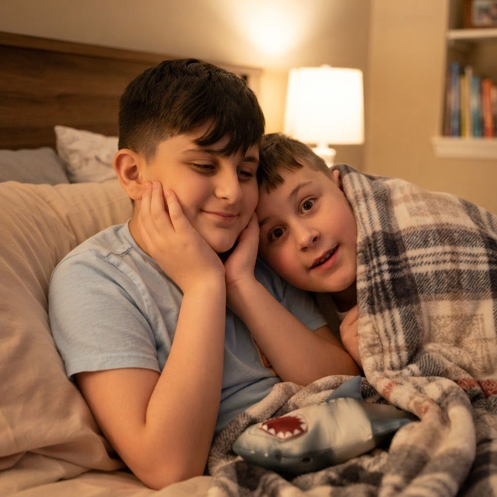 AI Design for make them be together in bed with a blanket covering them while they cuddle  really closely together