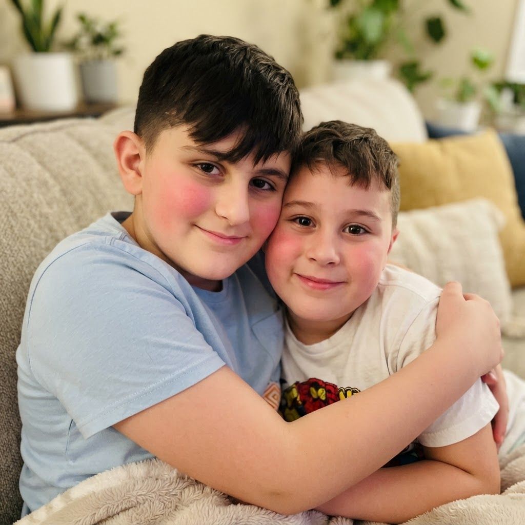 AI Design for make these two cuddle as a cute moment as friends while blushing and really close together to the point where their faces touch