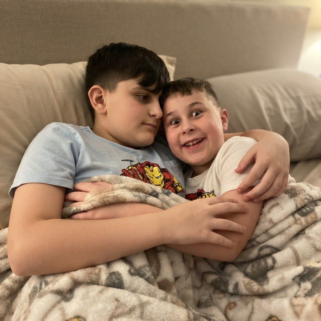 AI Design for make them be together in bed with a blanket covering them while they cuddle  really closely together but make sure you can see their hands while they cuddle eachother