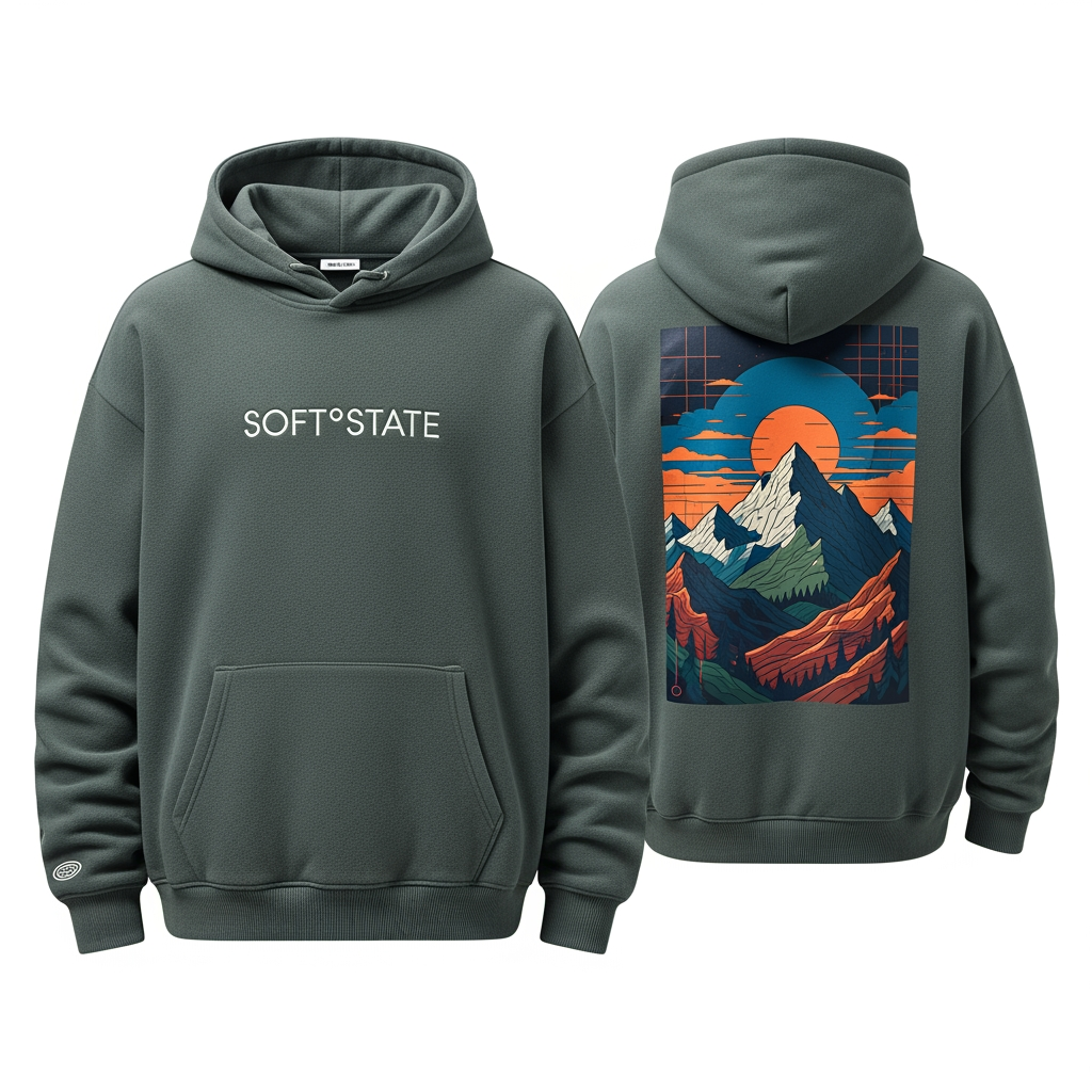 AI Design for Créame un diseño de ropa de adolescente chico q ponga Soft°State y q sean sudaderas y q tenga por detrás un diseño bien chulo masculino y q no sea muy de niño