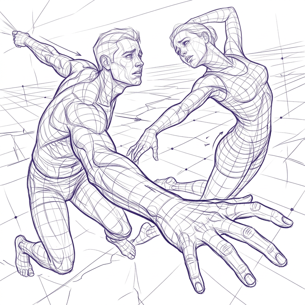 AI Design for make another version of this pose where a man and a woman look  in love but they look like they are trying to hold on to each other but being pulled apart. foreshortening pose, dynamic scene, bold composition
