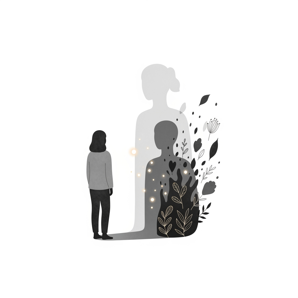 AI Design for Minimal symbolic illustration exploring Jungian shadow work and inner integration. A solitary human silhouette standing before a soft translucent shadow version of themselves, not frightening but contemplative and compassionate. The shadow gently mirrors the person, representing forgotten emotions, suppressed memories, and unseen parts of the psyche. Use poetic visual metaphors: fragments of darkness transforming into delicate botanical forms, small glowing points emerging from within the shadow, suggesting awareness and healing.

Composition: centered, spacious, quiet, with large areas of negative space. Elegant minimal arrangement, emotionally intimate, suitable for a mental wellness workshop poster. only illustration on solid white background


Style: refined editorial illustration, delicate hand-drawn quality, subtle organic imperfections, poetic symbolism, calm psychological atmosphere, minimalist storytelling.

Mood: introspective, safe, compassionate, transformative.

Avoid: horror imagery, dramatic darkness, fear, trauma depiction, realistic portrait details.