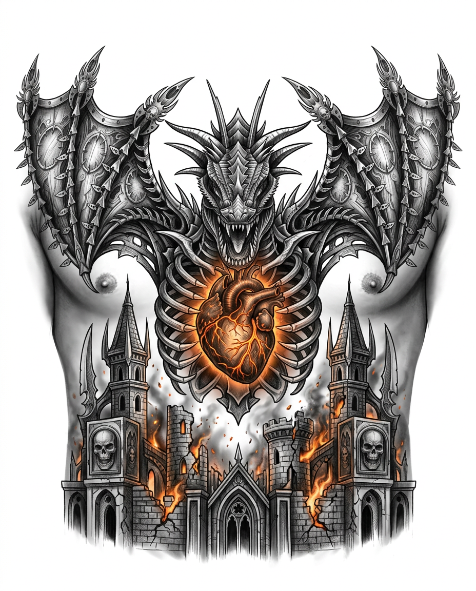 AI Design for Create a highly detailed professional black and grey chest tattoo design inspired by an epic fantasy festival stage architecture. The composition is a symmetrical dark fantasy emblem featuring a massive mechanical-fantasy dragon as the central guardian figure, inspired by the visual language of Defqon.1 festival mainstage designs.
The dragon should dominate the upper composition with enormous angular wings spreading widely across the chest, creating a powerful symmetrical silhouette. The dragon has a fierce open jaw, sharp layered horns, armored scales, and an intricate fantasy-mechanical exoskeleton. Its design combines medieval dragon anatomy with aggressive industrial stage architecture: razor-like blades, spikes, metal plates, engraved armor segments, gothic details, and futuristic battle elements.
Inside the dragon’s open chest cavity, place a large glowing burning heart symbol as the emotional centerpiece. The heart should feel integrated into the dragon’s armor, not placed on top — as if the dragon protects the community’s “orange heart.” The heart should have a magical fire core, glowing ember cracks, molten energy veins, and subtle orange flame illumination. It represents passion, unity, music, resilience, and the spirit of the festival community.
Beneath the dragon, create an imposing gothic fantasy castle integrated into the lower part of the tattoo. Extend the castle walls outward beneath both wings, creating two symmetrical fortress gate towers rising beside the dragon’s head. The towers should feel like ancient dragon guardians: tall spires, sharp blade-like architectural elements, gothic arches, engraved stone textures, skull motifs, metal reinforcements, and ceremonial fantasy architecture.
The castle should represent the first cancelled festival — show the structure damaged but powerful. Include:
cracked stone walls
broken towers
burning sections of the fortress
glowing orange fire escaping through cracks
smoke and embers rising around the ruins
collapsing architectural fragments
molten orange light beneath the stone
The destruction should not feel hopeless; it should represent survival, memory, and rebirth. The dragon remains powerful above the burning castle, protecting the heart and community.
Style: only illustration on solid white background
premium tattoo artwork
black and grey realism
ultra detailed linework
dark illustrative realism
high contrast shading
engraving-inspired details
biomechanical fantasy elements
gothic architecture
symmetrical chest tattoo composition
designed specifically for human anatomy placement
Tattoo placement:
Wide chest piece following pectoral anatomy.
The wings extend naturally across both sides of the chest.
The dragon head sits centered on the sternum.
The burning heart aligns with the center chest.
The castle forms the lower foundation following the rib and chest curvature.
Lighting:
dramatic chiaroscuro lighting,
subtle glowing orange accents only inside the heart and fire,
mostly black and grey ink,
deep shadows,
high contrast,
dramatic fantasy atmosphere.
Avoid:
cartoon style,
bright colors,
simple dragon illustration,
generic medieval castle,
flat logo design,
excessive realism photography,
text or lettering.
Additional Concept Notes for Tattoo Artist / Designer
Central hierarchy:
Burning heart = emotional focal point
Dragon = protector/community symbol
Castle = memory of the cancelled festival and shared experience
Fire/cracks = transformation rather than destruction
Possible improvements:
Make the dragon wings echo the stage’s blade shapes, but translate them into tattoo-friendly spikes and armor plates.
Add subtle sound-wave patterns or energy lines inside the dragon armor as a hidden reference to music.
The castle towers under the wings should rise slightly behind the dragon’s jaw, creating depth and preventing the head from visually floating.
Keep the orange heart as the only color accent; this will make it much more powerful in a black-and-grey tattoo.
Alternative More Aggressive Version (closer to Defqon.1 aesthetic)
"A colossal armored dragon emerging from a ruined infernal fortress, its wings formed from sharp ceremonial blades and mechanical armor plates. The dragon's chest is opened like a sacred shrine containing a burning orange heart made of molten fire and energy. Below it, a gothic castle fortress collapses into flames, with cracked towers, shattered walls, and glowing embers. The entire piece resembles a legendary battle monument carved into stone, combining medieval fantasy, industrial metal stage design, and tattoo engraving aesthetics."