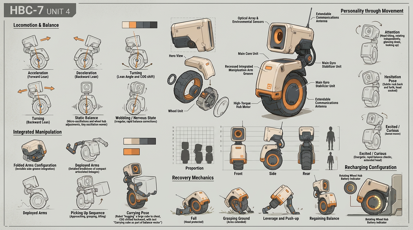 AI Design for Create a highly detailed professional AAA game character concept sheet exploring a single cohesive robot design based on a self-balancing unicycle. This is not a polished final illustration but an industrial design exploration intended to solve locomotion, manipulation, balance, personality, and interaction as one unified mechanical system.

The goal is to design a small autonomous AI companion whose physical behavior naturally emerges from its body mechanics, rather than attaching expressive features onto an existing robot.

The robot should feel like a believable machine that gradually develops individuality through movement and learning. Every visible component should have a clear functional purpose.

Central Design Philosophy

The robot's entire existence revolves around maintaining dynamic balance.

Its movement, posture, object manipulation, hesitation, emotional expression, failures, recovery, and interaction with the environment should all emerge from this single mechanical principle.

Instead of asking:
"What should this robot look like?"

Ask:
"What body would naturally evolve if balancing itself was its greatest challenge?"

Overall Appearance

A compact self-balancing robot roughly knee height.

Simple, memorable silhouette composed primarily of:

independent optical sensor head
articulated neck
compact central body
single large drive wheel
two integrated manipulation arms
minimal exposed mechanics
small antenna
a few visible flexible cables

The silhouette should remain instantly recognizable from every angle.

Avoid unnecessary panels, decorations, armor plating or excessive greebles.

Everything should feel engineered rather than ornamental.

Readable Attention

The head must be completely independent from the body.

Large single optical sensor.

The head should rotate, tilt, lean, glance downward, look upward and inspect objects.

The player should immediately understand exactly what the robot is observing without requiring facial expressions.

The head should contribute significantly to personality.

Small antenna and soft cable movement should reinforce curiosity and fragility.

Unified Mechanical System

Every action should originate from the balancing mechanism.

When accelerating:

body leans forward

When braking:

body rocks backward

When inspecting:

wheel makes tiny balance corrections

When thinking:

subtle oscillations and micro-adjustments

When carrying:

center of gravity visibly shifts

When nervous:

slight unstable wobble

When uncertain:

hesitant forward-and-back balancing motions

When excited:

energetic balancing corrections

Its "emotions" emerge through physics rather than animation alone.

Manipulation System

The arms should not feel attached afterwards.

Instead they are fully integrated into the body.

Both arms retract into recessed side grooves running vertically along the sides of the torso.

When inactive they remain almost invisible.

When deployed they unfold through compact articulated linkages.

The arms should be designed for:

picking up cubes
carrying cubes tightly against the torso
stabilizing loads
pushing against the floor
assisting recovery after falling
bracing while climbing over obstacles

The manipulation mechanism must clearly explain:

how the robot approaches a cube
how it grasps it
how it lifts it
how it carries it
how it places it down

Avoid unexplained floating poses.

Carrying Principle

The cube is intentionally large relative to the robot.

Rather than holding it away from the body,

the robot hugs it tightly against its chest.

The carried cube becomes part of its balance.

Its entire body leans backward like a hand truck carrying heavy cargo.

Visible physical effort should be apparent.

Recovery Mechanics

One major design challenge.

Show clearly how the robot:

falls

protects its head

uses its arms

pushes itself upright

finds balance again

Recovery should emerge naturally from the existing mechanics rather than hidden devices.

Turning

The single wheel remains the only drive wheel.

Turning should be achieved through controlled leaning combined with steering dynamics.

Demonstrate believable balance during turns.

No hidden wheels.

No stabilizers deployed during normal movement.

Recharging

Show a charging configuration that is obviously the same machine.

The robot should remain balanced while connected.

No separate resting form.

The charging pose should naturally emerge from its body mechanics.

Perhaps:

slightly leaned against a charging dock

wheel locked

arms lightly supporting

or body resting against a docking structure.

Battery Indicator

Integrate the battery indicator directly into the robot.

No floating HUD.

Possible implementations:

illuminated inner wheel ring
circular energy band
segmented rotating wheel hub

The indicator remains visible in every configuration:

standing

moving

carrying

fallen

charging

The battery visualization should naturally decrease as energy is consumed.

Physical Simplicity

Keep the design physically economical.

The robot should plausibly translate into a simplified physics rig consisting primarily of:

head
neck
torso
wheel
two articulated arms

Avoid unnecessary moving components.

Prioritize mechanical clarity.

Concept Sheet Layout

Professional industrial character development page.

Include:

hero 3/4 view
front
side
rear
orthographic views
exploded mechanical diagram
articulation points
folded arm configuration
deployed arm configuration
carrying pose
picking up cube sequence
placing cube sequence
balancing sketches
turning sketches
hesitation poses
wobbling poses
fallen pose
recovery sequence
charging pose
silhouette studies
proportion diagrams
wheel and arm mechanism breakdowns
center-of-gravity arrows
balance vectors
motion path sketches

Everything should feel like an industrial design proposal ready for 3D production.

Art Direction

Retro industrial science fiction.

Stylized but mechanically believable.

Warm off-white composite panels.

Dark graphite structural frame.

Soft orange functional lighting.

Clean industrial forms.

Minimal panel lines.

Readable geometry.

Inspired by high-end game concept art from Naughty Dog, Valve, Campo Santo, Pixar robotics research, Simon Stålenhag mechanical sensibilities, and modern industrial product design—without copying any existing character.

Negative Prompt

Humanoid robot, android, human anatomy, oversized expressive eyes, military robot, battle mech, transformer, anime robot, excessive armor, floating parts, unexplained mechanisms, decorative greebles, multiple wheels, tank treads, generic service robot, overcomplicated engineering, inconsistent proportions, inconsistent articulation, magical movement, impossible physics, disconnected limbs, unrealistic grasping, ornamental sci-fi details.

This revised prompt shifts the focus away from generating "cute robot variations" and instead asks the model to solve the character as a coherent mechanical design problem, ensuring the robot's locomotion, manipulation, balance, recovery, and personality all emerge from the same underlying principle.