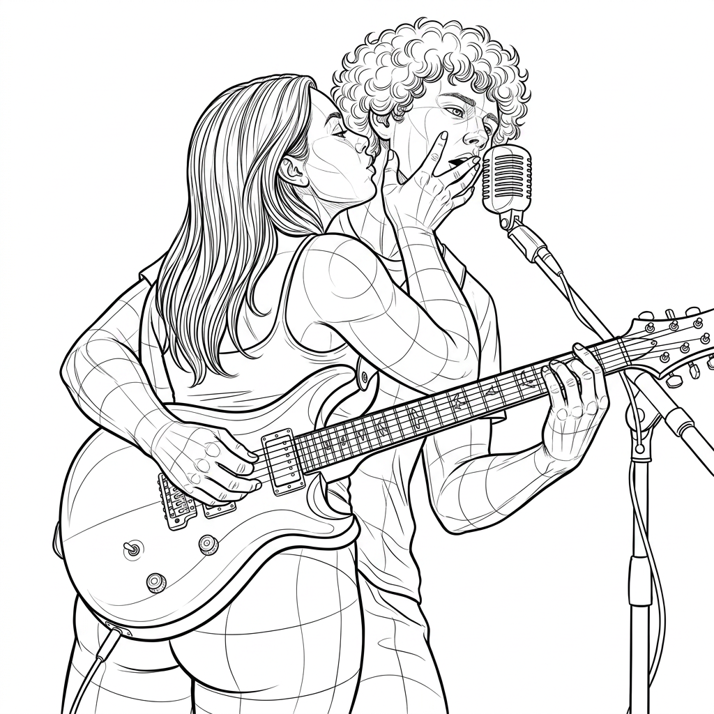 AI Design for i want you to make a lineart illustration of the people in the pose in the first image in the same art style as the second image but it will be curvy people. no background. only the people, guitar and mic and mic stand. the mans hand will go around the womans waist as he plays the guitar the right hand of the woman will be holding the side of the man's face while she kisses his cheek as he sings. the view will be dynamic, foreshortening dramatic scene