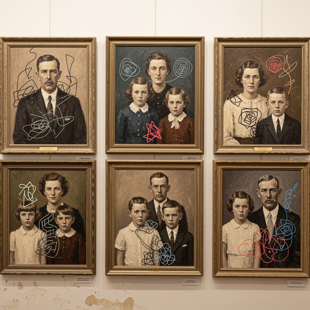 AI Design for make a bunch of painterly vintage framed family portraits with abstract details on a wall, very artistic and textured, hand drawn impression