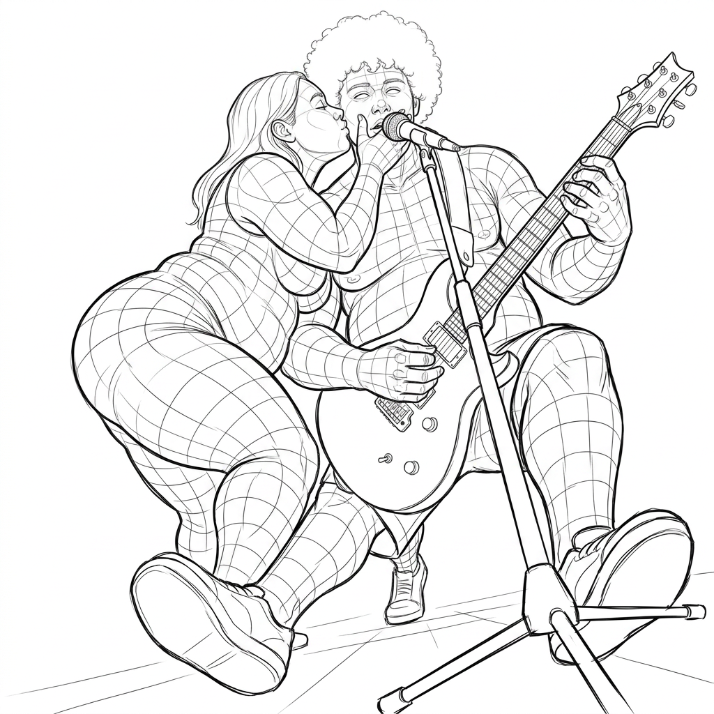 AI Design for i want you to make a lineart illustration of the people in the pose in the first image in the same art style as the second image but it will be curvy people. no background. only the people, guitar and mic and mic stand. the mans hand will go around the womans waist as he plays the guitar the right hand of the woman will be holding the side of the man's face while she kisses his cheek as he sings. the view will be dynamic, foreshortening dramatic scene