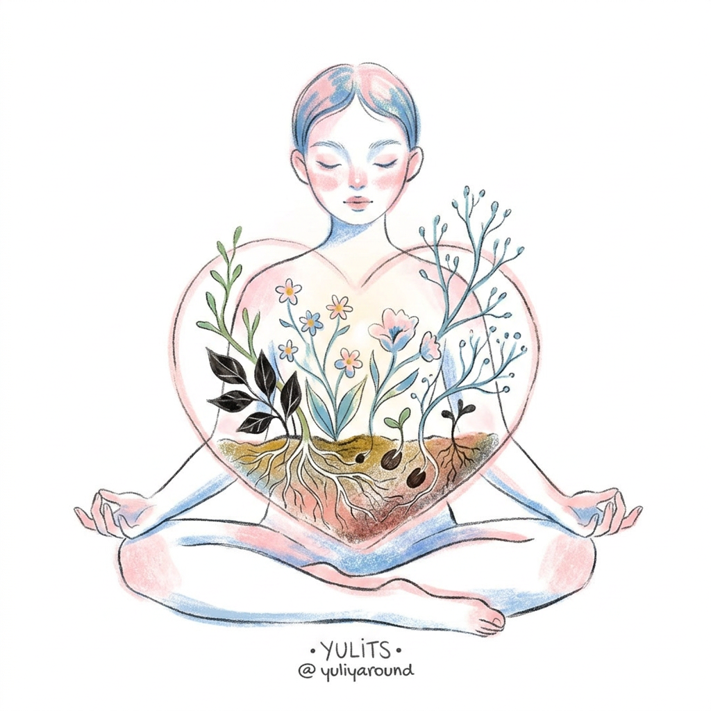 AI Design for 9follow art style of attached image) A minimal poetic illustration of a human figure sitting peacefully inside a symbolic inner garden. The garden grows from the person's chest and heart space, containing small flowers, roots, and delicate branches representing emotional healing, self-compassion, and personal growth.

The imagery should communicate the idea that healing comes from nurturing hidden parts of oneself. Include subtle symbols of shadow work: dark leaves beside blooming flowers, roots beneath the surface, small seeds awakening from soil.

Composition: simple, balanced, meditative. Use a limited number of elements with strong symbolic meaning.

Style: minimalist philosophical illustration, gentle handmade linework, soft textures, intimate therapeutic aesthetic, contemporary spiritual editorial art.

Mood: acceptance, restoration, emotional safety.only illustration on solid white background