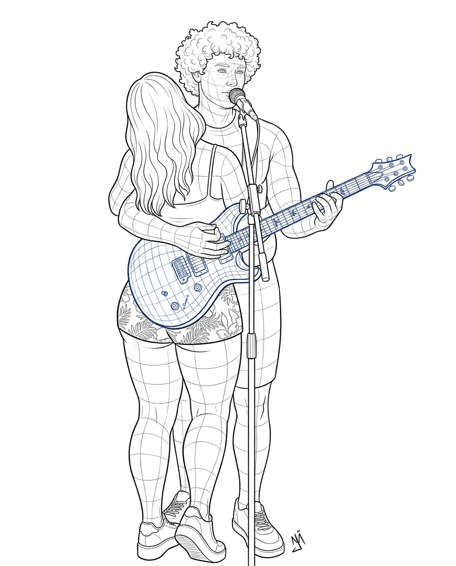 AI Design for i want you to make a lineart illustration of the people in the pose in the first image in the same art style as the second image but it will be curvy people. no background. only the people, guitar and mic and mic stand