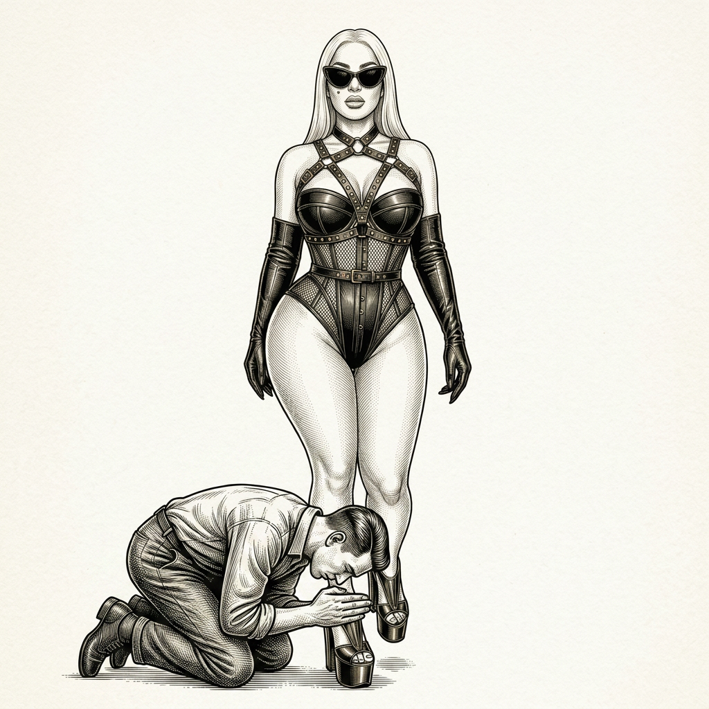 AI Design for remove the frame and add a man kneeling down at her feet in a very submessive way
