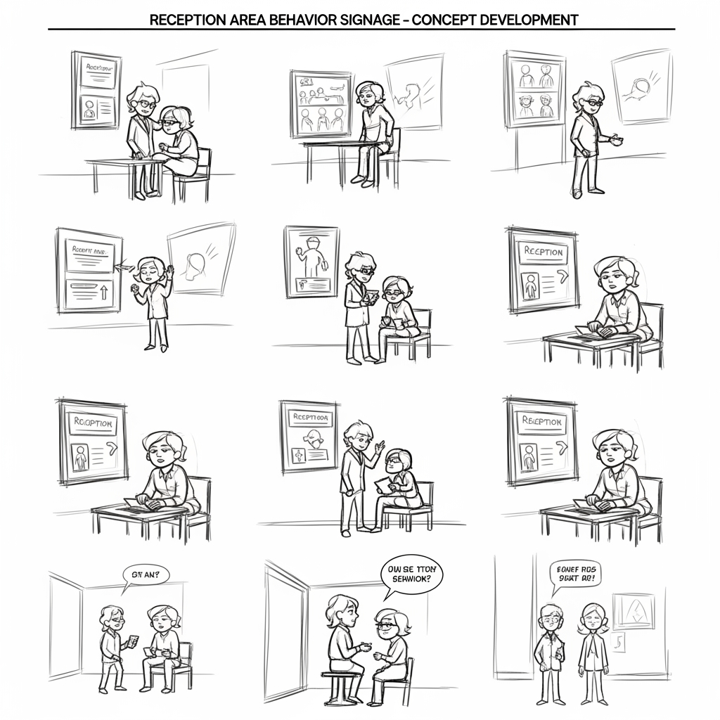 AI Design for Create a professional storyboard concept sheet containing multiple rough sketch compositions for reception area behavior signage.
Explore:
Waiting patiently
Queue formation
Approaching desk only when called
Crowding reception desk (DON'T)
Proper queue etiquette (DO)
Include:
Dynamic camera angles.
Bird's-eye compositions.
Character expression studies.
Queue flow diagrams.
Visual communication notes.
Loose marker rendering.
Concept development presentation board.
Agency pitch sketch quality.