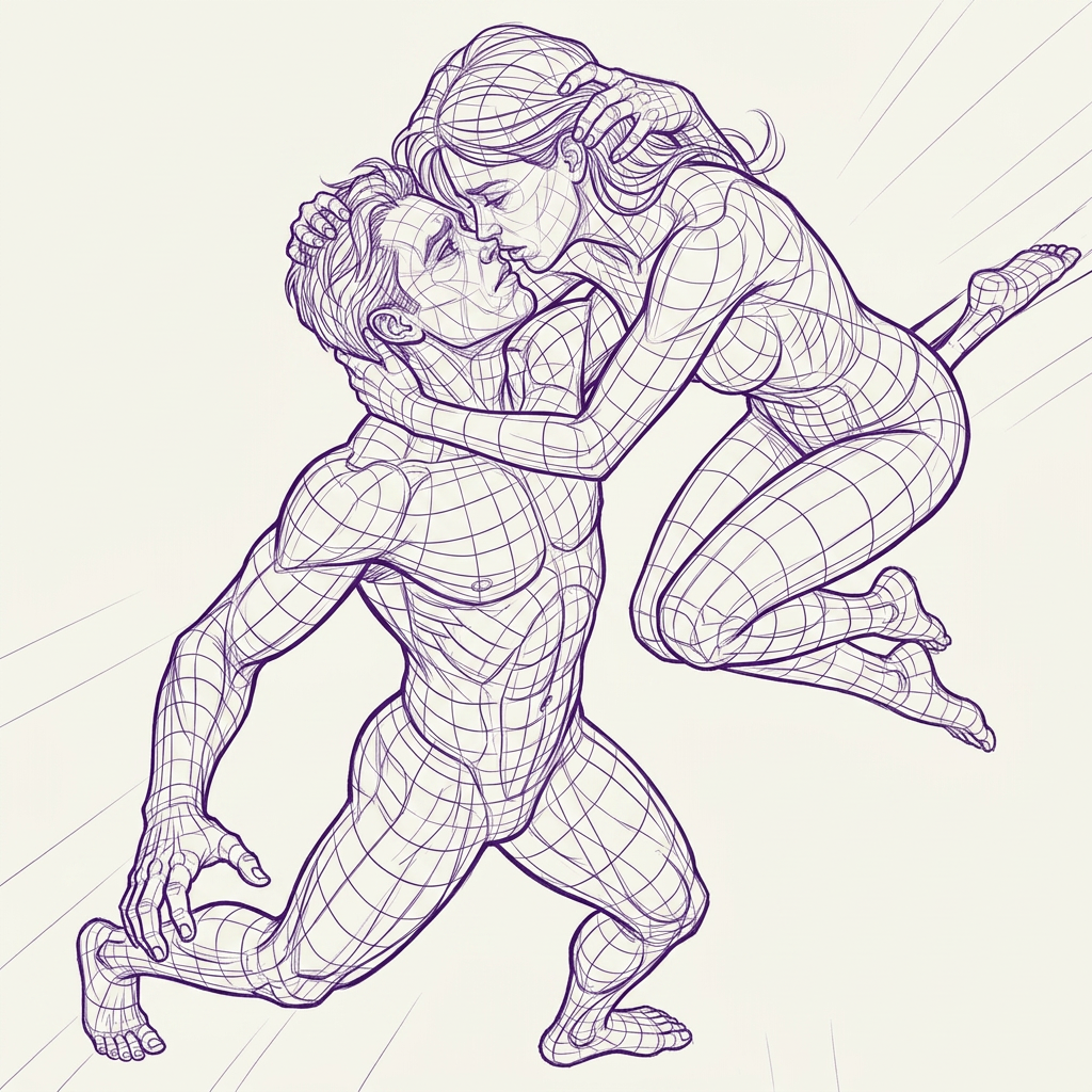 AI Design for make another version of this pose where a man and a woman look  in love but they look like they are trying to hold on to each other but being pulled apart. foreshortening pose, dynamic scene, bold composition