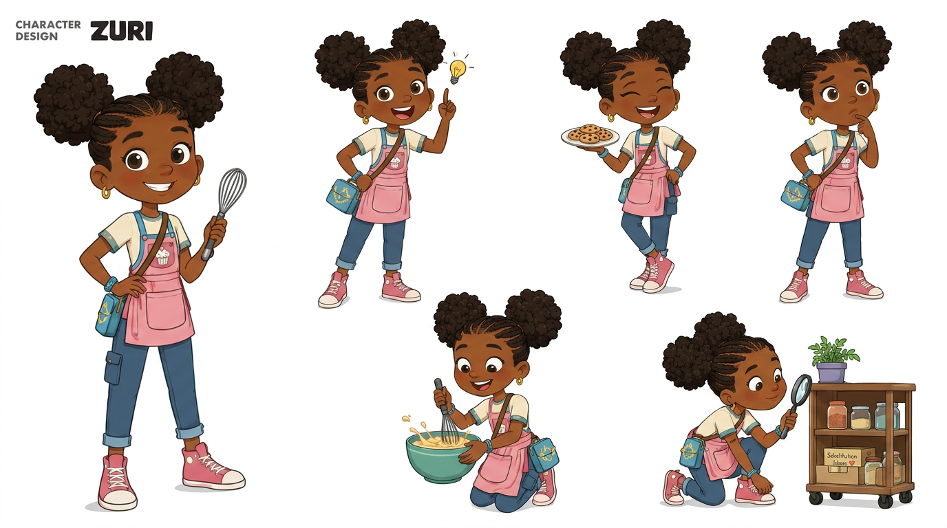 AI Design for revise the character in the first image in every pose shown with the version of the character shown in the second image, insure the bag looks exactly the same as the one shown in the second image. ensure accuracy and detail