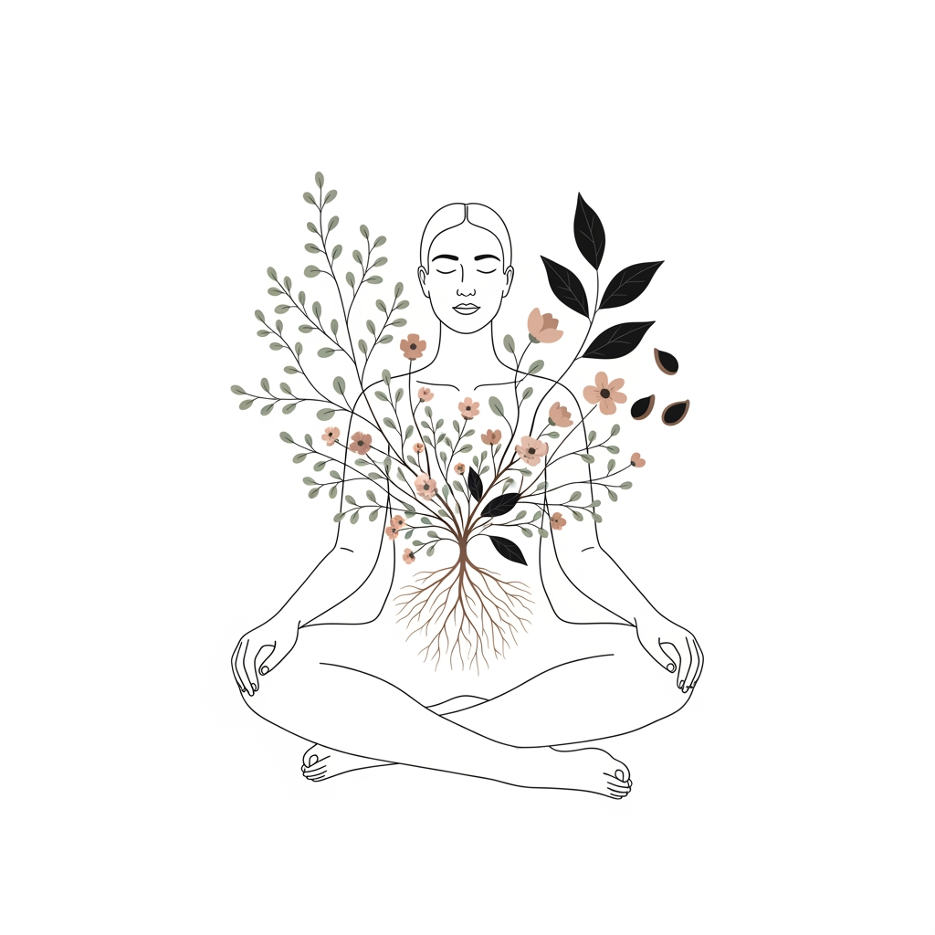 AI Design for A minimal poetic illustration of a human figure sitting peacefully inside a symbolic inner garden. The garden grows from the person's chest and heart space, containing small flowers, roots, and delicate branches representing emotional healing, self-compassion, and personal growth.

The imagery should communicate the idea that healing comes from nurturing hidden parts of oneself. Include subtle symbols of shadow work: dark leaves beside blooming flowers, roots beneath the surface, small seeds awakening from soil.

Composition: simple, balanced, meditative. Use a limited number of elements with strong symbolic meaning.

Style: minimalist philosophical illustration, gentle handmade linework, soft textures, intimate therapeutic aesthetic, contemporary spiritual editorial art.

Mood: acceptance, restoration, emotional safety.only illustration on solid white background