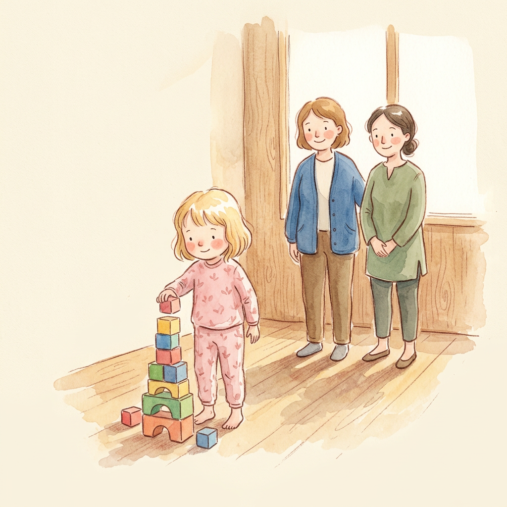 AI Design for Art style reference: (follow reference image)
A warm handcrafted children's picture-book illustration painted with delicate watercolor and colored pencil techniques. Soft textured paper surface, visible watercolor blooms, gentle pigment variations, imperfect hand-painted edges, subtle pencil linework, and organic brush strokes.
Characters have charming childlike proportions:
slightly oversized expressive eyes
rounded faces
soft cheeks with gentle blush
simplified facial features
small rounded hands and feet
natural imperfect hair shapes
emotionally readable expressions
The illustration should feel like a page from a premium children’s storybook, similar to traditional watercolor picture books. Avoid modern vector illustration. Avoid sharp digital edges. Keep the artwork tactile, warm, and handmade.
Use:
soft watercolor washes
transparent layered pigments
delicate colored pencil details
loose ink contours
subtle paper grain
warm natural lighting
Composition:
Minimal storytelling scene with one emotional moment. Large areas of warm cream negative space. Soft organic shapes. No visual clutter.
Environment:
Warm wooden interior atmosphere, soft cream background, natural textures, gentle shadows.
Palette:
Warm muted colors:
cream paper (#F7F1E4)
warm sage (#7E9B6F)
deep forest green (#3F6B3B)
warm honey yellow
muted terracotta skin tones
signature warm blue parent clothing
signature pink child clothing
warm sage therapist clothing
BOARD 4 — “Standing on their own”
Revised AI Image Prompt
A warm inspirational children's storybook watercolor illustration showing independence.
The same child is now taller and more confident.
The child wearing pink clothing stands upright in the foreground, leading an activity independently. They are creating, building, exploring, or completing a small task on their own.
Their body language shows confidence:
straight posture
open shoulders
curious expression
relaxed smile
The parent in warm blue clothing and therapist in warm sage clothing stand several steps behind.
They are smiling proudly but not intervening.
The visual message:
"They can do this."
The child is the emotional focus.
The environment becomes brighter with warm sunlight, soft watercolor washes, and gentle natural textures.
Mood:
Confidence, independence, quiet pride.
Style:
Premium children's picture book illustration, watercolor and colored pencil, soft expressive characters, handmade paper texture.
Avoid:
superhero poses
achievement symbols
adults disappearing
