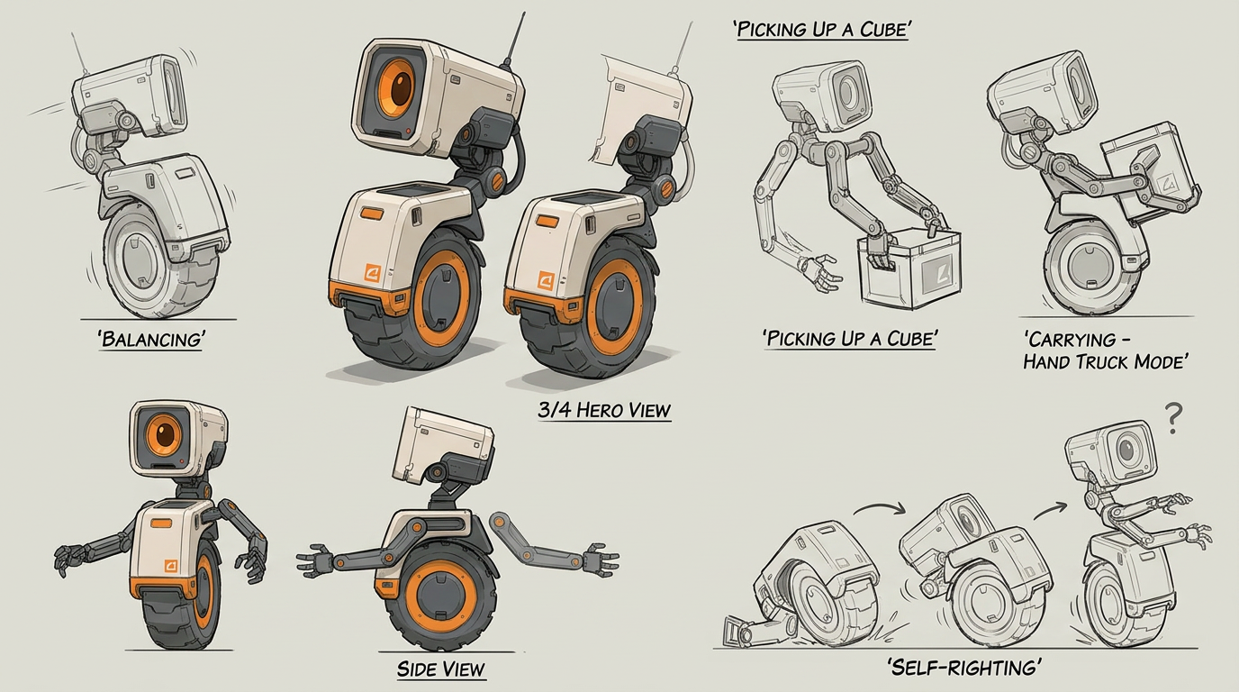 AI Design for Create one set of professional robot concept sketches exploring a small self-balancing unicycle robot for a narrative game. The goal is not polished artwork, but believable industrial design concepts that solve the robot's locomotion, manipulation, balance, and personality through one unified mechanical idea.

The robot should have:

A single large drive wheel as its only means of locomotion.
A separate articulated head with one large optical sensor that can rotate and tilt to clearly show where it is looking.
A compact torso with two retractable arms integrated into grooves along the sides of the body, unfolding only when needed.
A simple, memorable silhouette with minimal parts that could realistically be modeled and animated in 3D.

Show 1 distinct mechanical interpretations of the same concept, each with:

3/4 hero view
Side view
Small action sketches of:
balancing
picking up a cube
carrying the cube against its body while leaning backward like a hand truck
wobbling or hesitating
recovering after falling

Focus on clear articulation points, believable engineering, visible center of gravity, and functional mechanisms. The arms should explain exactly how the robot grasps, carries, and places objects, and how they assist in getting back upright after falling.

Style: professional industrial design concept art, clean linework, minimal rendering, subtle grayscale with orange accent highlights, retro-futuristic, stylized but mechanically believable.

Negative Prompt: humanoid robot, multiple wheels, tank tracks, floating parts, overly cute cartoon proportions, military robot, transformer, excessive greebles, decorative details, unrealistic joints, inconsistent mechanisms, over-rendered illustration, finished character art.