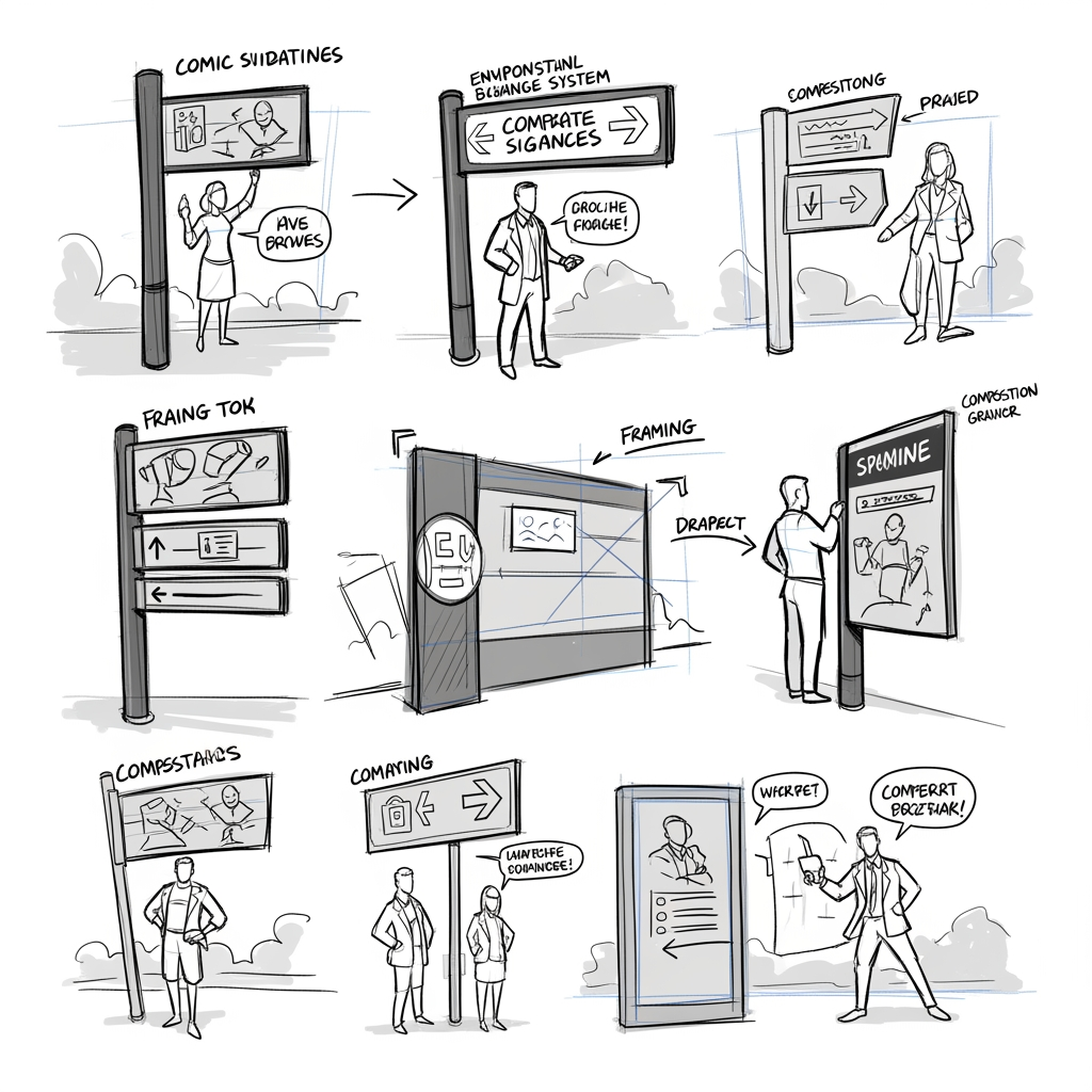 AI Design for Create a professional concept presentation board showing rough thumbnail sketches for a corporate comic signage system.
Style: loose designer sketchbook drawings, black ink linework, light grey marker shading, blue pencil construction lines visible, concept art presentation quality, storyboard thumbnails, environmental graphic design proposal, architectural sketch style, visual communication design process.
Not a finished illustration.
Not polished artwork.
Show multiple composition explorations on a single presentation sheet.
Include handwritten design notes, directional arrows, framing boxes, composition callouts, camera angle indicators, character pose explorations.
The sketches should look like they were created by a professional creative director pitching concepts to a client.
White presentation board background.
Clean layout.
Readable visual hierarchy.
Focus on composition, storytelling, character placement, and visual communication rather than detail rendering.
Corporate comic style.
Humorous but professional.
Dynamic poses.
Expressive body language.
Strong silhouettes.
Foreshortening studies.
Visual storytelling.
Environmental signage design.
Information design.
Visitor guidance graphics.
