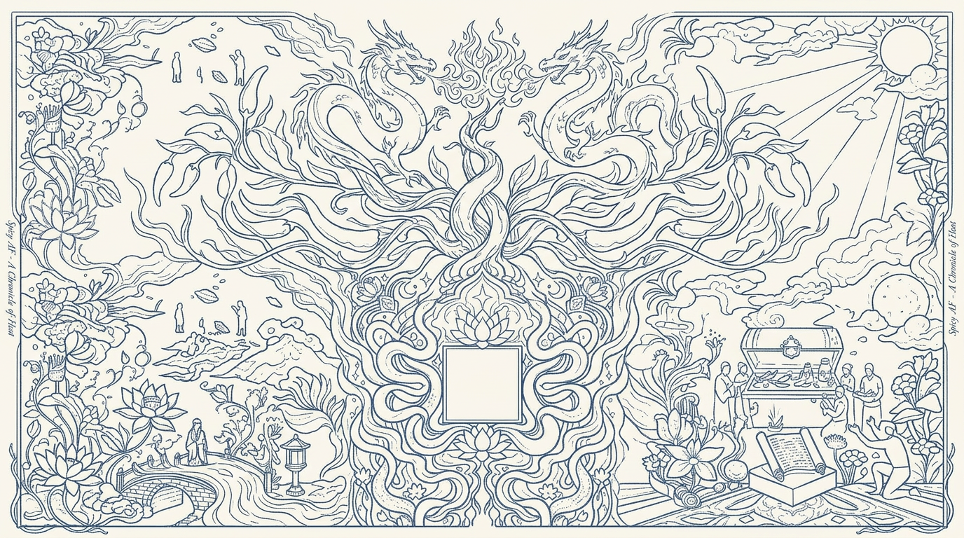 AI Design for revise this attached image, there are just three quick notes I'd love to share for a new line sketch:
1. Theme: It seems the current elements (koi fish, etc.) were inspired by the layout mockup. However, that file was purely a structural reference. For the actual artwork, we’d love to see a metaphorical take on the "Spicy AF" story provided in the order brief (I've pasted it below).
2. Seamless Transitions: We'd love the artwork to flow seamlessly across all panels. Right now, the borders are a bit noticeable, so blending the edges to make it look like one continuous piece would be great.
3. Center Square: The blank space is a bit smaller than 35x35mm, which is actually totally fine! Just a quick heads-up that our final logo will cover a slightly larger area, so it's best to avoid placing any crucial details too close to its edges.
Could you please revise the sketch keeping these points in mind? I'd love to review the updated draft before we move on to adding color.