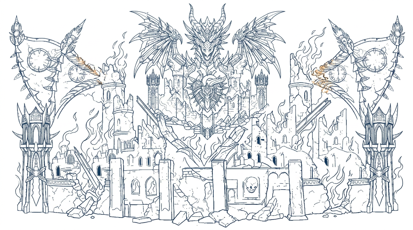 AI Design for create 1 illustration where both is combined, But the dragon stage should stay as it is only a heart and a rework of the castle wall structures with broken structures and fire is needed
