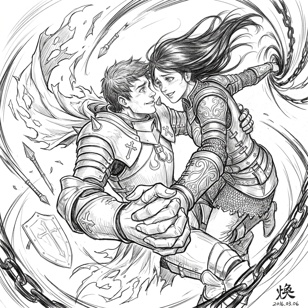 AI Design for make another version of this pose where a man and a woman look  in love but they look like they are trying to hold on to each other but being pulled apart. foreshortening pose, dynamic scene, bold composition
