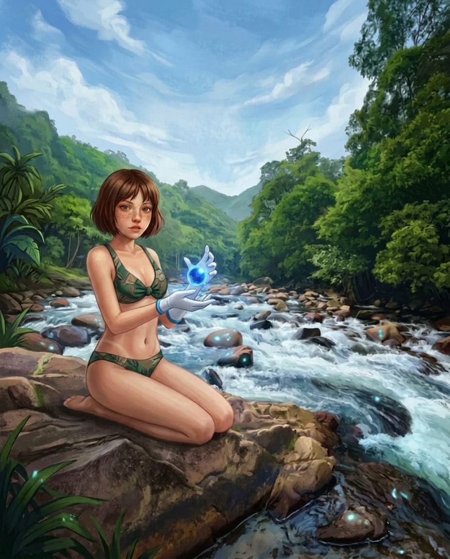 AI Design for The area highlighted in semi-transparent red in this image indicates where to make changes. remove the top make her wear a bikini