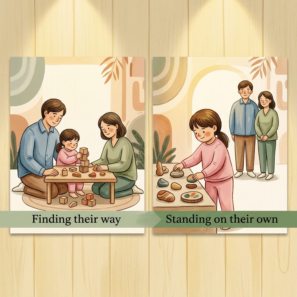 AI Design for Visual style:
A handcrafted editorial illustration for a children’s wellbeing centre interior wall, painted by a human illustrator. Soft watercolour washes combined with textured gouache and delicate hand-drawn ink outlines. Visible brush edges, subtle paper grain, imperfect organic contours, tactile handmade surface. Minimal but emotionally expressive composition. Avoid digital vector appearance. Warm natural materials aesthetic designed to sit against pale yellowish wooden panels under warm spotlight illumination.
Surface and colour treatment:
Soft warm cream background (#F7F1E4), never bright white. Warm sage accents (#7E9B6F), deep green typography area (#3F6B3B), charcoal ink details (#2C2C2A). Warm honey neutrals, terracotta-leaning skin tones. Colours gradually transition from quieter muted tones on Board 1 to brighter warmer tones on Board 5. Matte printed artwork appearance, subtle canvas/paper texture.
Character consistency lock:
Parent: same adult character across all boards. Gentle facial features, warm expression, wearing signature muted warm blue clothing. Always present. Supportive but gradually stepping back.
Child: same child across all boards. Wearing signature pink clothing. The child grows physically and emotionally through the sequence:
Board 1: small, curled inward, holding tightly.
Board 2: slightly opening up.
Board 3: engaged and playful.
Board 4: upright and independent.
Board 5: confident, taller, walking forward.
Therapist: same character whenever present. Wearing warm sage/teal clothing. Calm, approachable, gentle presence. Appears first in Board 2.
Composition rules:
Square artwork, designed as one of five connected wall panels. Characters always face and move left-to-right. Maintain a consistent soft hand-painted ground ribbon at the same height across all boards. The ribbon should feel like a continuous path through the entire wall. Keep generous negative space for headline placement. No clutter. BOARD 3 PROMPT
“Finding their way”
AI Image Generation Prompt:
A square handcrafted watercolor and gouache illustration showing the child beginning to discover confidence.
Use the exact same parent, child, and therapist characters from previous boards.
The therapist wearing warm sage clothing and the child wearing pink are now actively engaged together in a playful shared activity. They sit together on the floor or at a low wooden table. They are stacking simple wooden blocks, sorting shapes, arranging pictures, or playing a gentle creative game.
The activity must feel playful and natural, never clinical.
The child is participating willingly, showing a small genuine smile and curiosity. The therapist supports but does not control. The parent in warm blue clothing sits nearby watching with encouragement and pride.
The child's posture is more open: sitting upright, looking outward, hands actively exploring.
The soft ground ribbon continues.
Emotion:
Tentative confidence, discovery, connection, first meaningful progress.
Colour:
Noticeably brighter than previous boards. Warm honey tones, richer sage, more light entering the scene. Still restrained and harmonious.
Composition:
The child and therapist are the visual focus. Parent remains nearby but secondary.
Style:
Painterly editorial illustration, handmade texture, watercolour washes, gouache layers, subtle ink outlines, warm natural interior aesthetic.
Avoid:
clinical therapy tools
classroom environment
exaggerated happiness
cartoon characters BOARD 4 PROMPT
“Standing on their own”
AI Image Generation Prompt:
A square handcrafted watercolor and gouache illustration representing independence emerging.
Use the exact same three characters.
The child wearing pink clothing is now the central figure, standing upright confidently and leading the activity. The child is physically taller and visually forward in the composition.
The child is doing something independently: arranging objects, creating artwork, exploring, building, or completing a simple task. The child’s posture communicates confidence and capability.
The parent wearing warm blue clothing and therapist wearing warm sage clothing are both present but intentionally positioned several steps behind. They are smiling with quiet pride, observing rather than helping.
The emotional message is not separation, but healthy independence.
The ground ribbon continues.
Emotion:
Confidence, freedom, trust, “look what I can do.”
Colour:
Warm and bright. More golden light, richer natural tones, stronger warmth compared with previous boards.
Composition:
Child occupies the foreground. Adults create a supportive background presence.
Style:
Premium handmade mural illustration, textured gouache, watercolour paper texture, organic brush edges.
Avoid:
child alone
adults disappearing
achievement trophies
exaggerated superhero imagery
