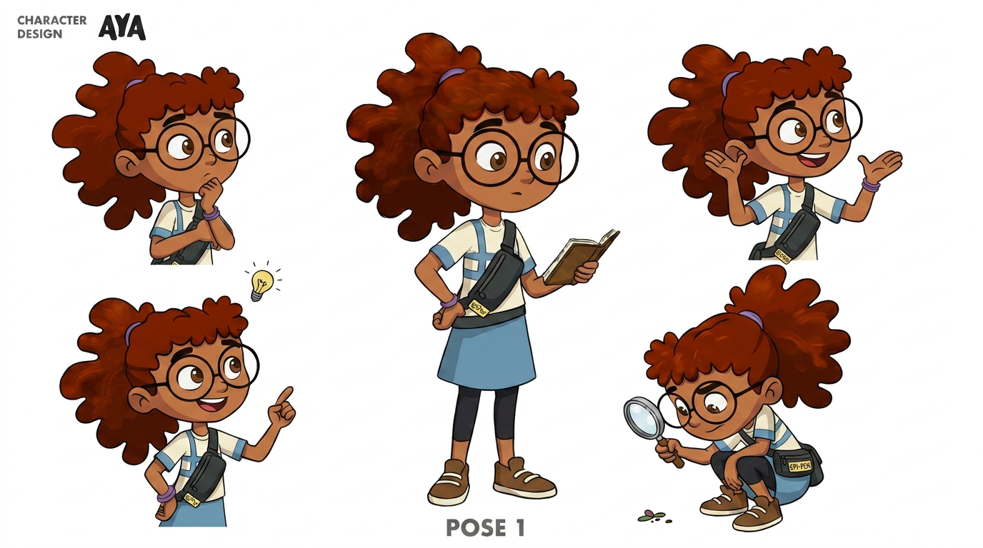 AI Design for revise the first image with the feedback shown in the second image , ensure that Update EpiPen carrying case on 3 poses (see revisions). Confirming we need all of Aya's poses in full body. all the poses will be in full body, ensure accuracy and detail