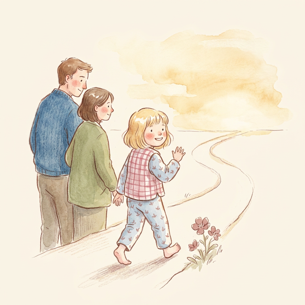 AI Design for Art style reference: (follow reference image)
A warm handcrafted children's picture-book illustration painted with delicate watercolor and colored pencil techniques. Soft textured paper surface, visible watercolor blooms, gentle pigment variations, imperfect hand-painted edges, subtle pencil linework, and organic brush strokes.
Characters have charming childlike proportions:
slightly oversized expressive eyes
rounded faces
soft cheeks with gentle blush
simplified facial features
small rounded hands and feet
natural imperfect hair shapes
emotionally readable expressions
The illustration should feel like a page from a premium children’s storybook, similar to traditional watercolor picture books. Avoid modern vector illustration. Avoid sharp digital edges. Keep the artwork tactile, warm, and handmade.
Use:
soft watercolor washes
transparent layered pigments
delicate colored pencil details
loose ink contours
subtle paper grain
warm natural lighting
Composition:
Minimal storytelling scene with one emotional moment. Large areas of warm cream negative space. Soft organic shapes. No visual clutter.
Environment:
Warm wooden interior atmosphere, soft cream background, natural textures, gentle shadows.
Palette:
Warm muted colors:
cream paper (#F7F1E4)
warm sage (#7E9B6F)
deep forest green (#3F6B3B)
warm honey yellow
muted terracotta skin tones
signature warm blue parent clothing
signature pink child clothing
warm sage therapist clothing
BOARD 5 — “Ready for their world”
Revised AI Image Prompt
A heartwarming final children's picture-book watercolor illustration showing a child ready to step into the world.
The same child now stands tall and confident in pink clothing, walking forward along a soft path toward a bright open horizon.
The child looks ahead with curiosity and joy while gently waving back toward the parent and therapist.
The parent wearing warm blue clothing and therapist wearing warm sage clothing stand behind together, watching proudly. Their posture shows complete trust and release.
The world ahead is symbolic:
soft sunlight
open sky
gentle landscape
welcoming doorway
winding path
No school imagery.
Include the only blush-pink accent of the entire wall:
a subtle flower, soft bloom, or atmospheric pink detail using muted blush (#C97A94).
The child remains the central figure.
Mood:
Joy, pride, arrival, possibility.
Colour:
Warmest board:
golden sunlight, honey tones, glowing cream background.
Style:
Classic children's storybook watercolor illustration, soft pencil outlines, expressive rounded characters, handmade paper texture, emotional storytelling.
Avoid:
fantasy elements
excessive decoration
graduation imagery
unrealistic poses