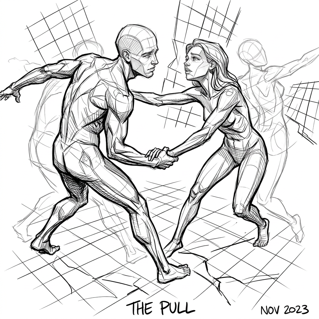 AI Design for make another version of this pose where a man and a woman look  in love but they look like they are trying to hold on to each other but being pulled apart. foreshortening pose, dynamic scene, bold composition