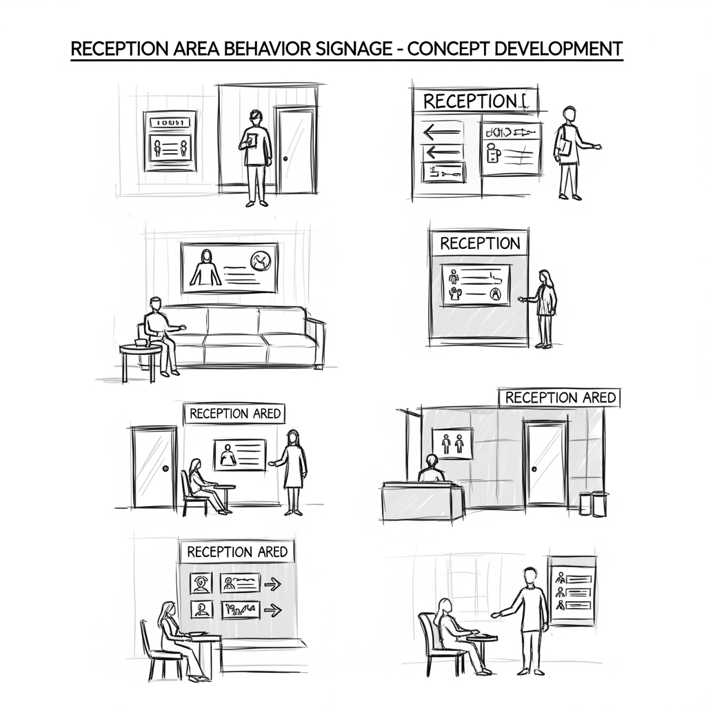 AI Design for Create a professional storyboard concept sheet containing multiple rough sketch compositions for reception area behavior signage.
Explore:
Waiting patiently
Queue formation
Approaching desk only when called
Crowding reception desk (DON'T)
Proper queue etiquette (DO)
Include:
Dynamic camera angles.
Bird's-eye compositions.
Character expression studies.
Queue flow diagrams.
Visual communication notes.
Loose marker rendering.
Concept development presentation board.
Agency pitch sketch quality.