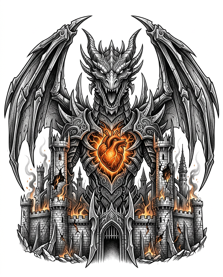 AI Design for Create a highly detailed professional black and grey chest tattoo design inspired by an epic fantasy festival stage architecture. The composition is a symmetrical dark fantasy emblem featuring a massive mechanical-fantasy dragon as the central guardian figure, inspired by the visual language of Defqon.1 festival mainstage designs.
The dragon should dominate the upper composition with enormous angular wings spreading widely across the chest, creating a powerful symmetrical silhouette. The dragon has a fierce open jaw, sharp layered horns, armored scales, and an intricate fantasy-mechanical exoskeleton. Its design combines medieval dragon anatomy with aggressive industrial stage architecture: razor-like blades, spikes, metal plates, engraved armor segments, gothic details, and futuristic battle elements.
Inside the dragon’s open chest cavity, place a large glowing burning heart symbol as the emotional centerpiece. The heart should feel integrated into the dragon’s armor, not placed on top — as if the dragon protects the community’s “orange heart.” The heart should have a magical fire core, glowing ember cracks, molten energy veins, and subtle orange flame illumination. It represents passion, unity, music, resilience, and the spirit of the festival community.
Beneath the dragon, create an imposing gothic fantasy castle integrated into the lower part of the tattoo. Extend the castle walls outward beneath both wings, creating two symmetrical fortress gate towers rising beside the dragon’s head. The towers should feel like ancient dragon guardians: tall spires, sharp blade-like architectural elements, gothic arches, engraved stone textures, skull motifs, metal reinforcements, and ceremonial fantasy architecture.
The castle should represent the first cancelled festival — show the structure damaged but powerful. Include:
cracked stone walls
broken towers
burning sections of the fortress
glowing orange fire escaping through cracks
smoke and embers rising around the ruins
collapsing architectural fragments
molten orange light beneath the stone
The destruction should not feel hopeless; it should represent survival, memory, and rebirth. The dragon remains powerful above the burning castle, protecting the heart and community.
Style: only illustration on solid white background
premium tattoo artwork
black and grey realism
ultra detailed linework
dark illustrative realism
high contrast shading
engraving-inspired details
biomechanical fantasy elements
gothic architecture
symmetrical chest tattoo composition
designed specifically for human anatomy placement
Tattoo placement:
Wide chest piece following pectoral anatomy.
The wings extend naturally across both sides of the chest.
The dragon head sits centered on the sternum.
The burning heart aligns with the center chest.
The castle forms the lower foundation following the rib and chest curvature.
Lighting:
dramatic chiaroscuro lighting,
subtle glowing orange accents only inside the heart and fire,
mostly black and grey ink,
deep shadows,
high contrast,
dramatic fantasy atmosphere.
Avoid:
cartoon style,
bright colors,
simple dragon illustration,
generic medieval castle,
flat logo design,
excessive realism photography,
text or lettering.
Additional Concept Notes for Tattoo Artist / Designer
Central hierarchy:
Burning heart = emotional focal point
Dragon = protector/community symbol
Castle = memory of the cancelled festival and shared experience
Fire/cracks = transformation rather than destruction
Possible improvements:
Make the dragon wings echo the stage’s blade shapes, but translate them into tattoo-friendly spikes and armor plates.
Add subtle sound-wave patterns or energy lines inside the dragon armor as a hidden reference to music.
The castle towers under the wings should rise slightly behind the dragon’s jaw, creating depth and preventing the head from visually floating.
Keep the orange heart as the only color accent; this will make it much more powerful in a black-and-grey tattoo.
Alternative More Aggressive Version (closer to Defqon.1 aesthetic)
"A colossal armored dragon emerging from a ruined infernal fortress, its wings formed from sharp ceremonial blades and mechanical armor plates. The dragon's chest is opened like a sacred shrine containing a burning orange heart made of molten fire and energy. Below it, a gothic castle fortress collapses into flames, with cracked towers, shattered walls, and glowing embers. The entire piece resembles a legendary battle monument carved into stone, combining medieval fantasy, industrial metal stage design, and tattoo engraving aesthetics."