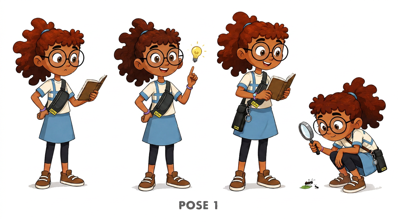 AI Design for the second image is the final revision. the bag should be the same for all poses. revise all the poses in the first image with the exact same character details as the second image, ensure accuracy and detail. all the epipen carry bag. will be the exact same