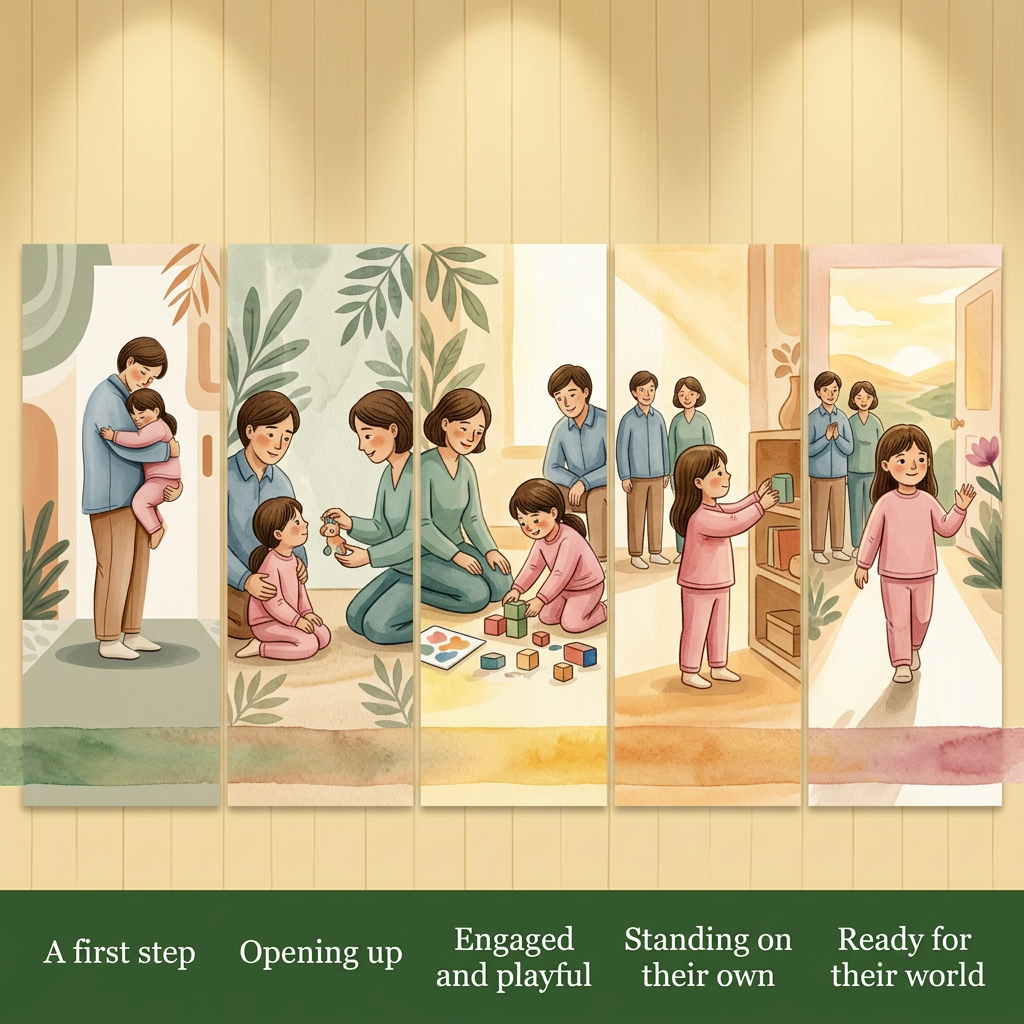 AI Design for Visual style:
A handcrafted editorial illustration for a children’s wellbeing centre interior wall, painted by a human illustrator. Soft watercolour washes combined with textured gouache and delicate hand-drawn ink outlines. Visible brush edges, subtle paper grain, imperfect organic contours, tactile handmade surface. Minimal but emotionally expressive composition. Avoid digital vector appearance. Warm natural materials aesthetic designed to sit against pale yellowish wooden panels under warm spotlight illumination.
Surface and colour treatment:
Soft warm cream background (#F7F1E4), never bright white. Warm sage accents (#7E9B6F), deep green typography area (#3F6B3B), charcoal ink details (#2C2C2A). Warm honey neutrals, terracotta-leaning skin tones. Colours gradually transition from quieter muted tones on Board 1 to brighter warmer tones on Board 5. Matte printed artwork appearance, subtle canvas/paper texture.
Character consistency lock:
Parent: same adult character across all boards. Gentle facial features, warm expression, wearing signature muted warm blue clothing. Always present. Supportive but gradually stepping back.
Child: same child across all boards. Wearing signature pink clothing. The child grows physically and emotionally through the sequence:
Board 1: small, curled inward, holding tightly.
Board 2: slightly opening up.
Board 3: engaged and playful.
Board 4: upright and independent.
Board 5: confident, taller, walking forward.
Therapist: same character whenever present. Wearing warm sage/teal clothing. Calm, approachable, gentle presence. Appears first in Board 2.
Composition rules:
Square artwork, designed as one of five connected wall panels. Characters always face and move left-to-right. Maintain a consistent soft hand-painted ground ribbon at the same height across all boards. The ribbon should feel like a continuous path through the entire wall. Keep generous negative space for headline placement. No clutter. BOARD 4 PROMPT
“Standing on their own”
AI Image Generation Prompt:
A square handcrafted watercolor and gouache illustration representing independence emerging.
Use the exact same three characters.
The child wearing pink clothing is now the central figure, standing upright confidently and leading the activity. The child is physically taller and visually forward in the composition.
The child is doing something independently: arranging objects, creating artwork, exploring, building, or completing a simple task. The child’s posture communicates confidence and capability.
The parent wearing warm blue clothing and therapist wearing warm sage clothing are both present but intentionally positioned several steps behind. They are smiling with quiet pride, observing rather than helping.
The emotional message is not separation, but healthy independence.
The ground ribbon continues.
Emotion:
Confidence, freedom, trust, “look what I can do.”
Colour:
Warm and bright. More golden light, richer natural tones, stronger warmth compared with previous boards.
Composition:
Child occupies the foreground. Adults create a supportive background presence.
Style:
Premium handmade mural illustration, textured gouache, watercolour paper texture, organic brush edges.
Avoid:
child alone
adults disappearing
achievement trophies
exaggerated superhero imagery BOARD 5 PROMPT
“Ready for their world”
AI Image Generation Prompt:
A square handcrafted watercolor and gouache illustration showing the emotional conclusion of the journey.
Use the exact same parent, child, and therapist characters.
The child wearing pink clothing stands tall and confident in the foreground, walking forward from left to right toward an open bright horizon.
The child’s posture is upright, relaxed, and independent. The child looks ahead with confidence while giving one final gentle wave back toward the parent and therapist.
The parent in warm blue clothing and therapist in warm sage clothing stand behind at a distance, watching proudly. They are no longer holding or guiding. Their expressions communicate joy, trust, and pride.
The world ahead should be represented symbolically:
a bright pathway
open sky
soft landscape
welcoming doorway
gentle horizon
Do not create a specific school scene.
Include the single blush-pink accent of the entire wall here: a subtle bloom, flower, clothing detail, or atmospheric element using soft blush pink (#C97A94). This colour should appear nowhere else in the five-board sequence.
The ground ribbon continues and leads toward the horizon.
Emotion:
Joy, pride, arrival, readiness.
Colour:
Warmest and brightest board. Golden sunlight, warm cream, richer natural colours, glowing atmosphere.
Style:
Hand-painted children's wellbeing mural, premium editorial illustration, watercolour and gouache texture, handmade paper grain.
Avoid:
graduation imagery
unrealistic fantasy
excessive decoration
multiple pink accents