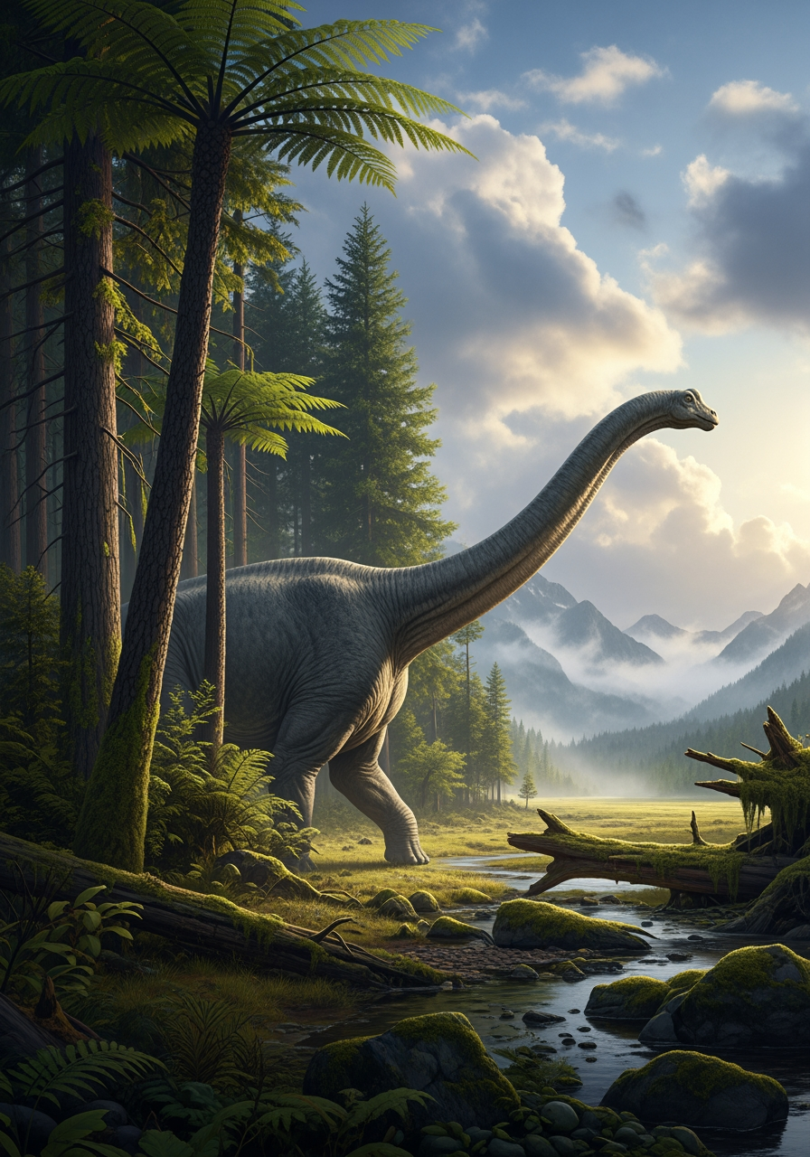 AI Design for Title: Brontosaurus in a Primeval Wilderness – Fine Art Illustration
Prompt:
Create an extraordinary, museum-quality digital painting of a majestic Brontosaurus living naturally within a vast prehistoric landscape. The artwork should feel like a timeless wildlife masterpiece rather than a movie poster or concept art, emphasizing realism, atmosphere, and environmental storytelling.
The Brontosaurus should dominate the composition while remaining harmoniously integrated into its surroundings. Show the enormous sauropod partially emerging through lush vegetation, walking gracefully across an open plain bordered by dense Jurassic forest, or feeding among towering conifer trees and giant tree ferns. The dinosaur should appear calm, ancient, and powerful, conveying immense scale through surrounding vegetation, distant hills, fallen logs, and smaller prehistoric plants.
The anatomy must be scientifically believable:
massive muscular body
exceptionally long elegant neck
long tapering whip-like tail
sturdy pillar-like legs
elephant-like weight distribution
subtle skin folds around joints
thick textured reptilian skin with realistic scales, wrinkles, scars, and weathered age
muted earth-tone coloration inspired by large herbivores rather than fantasy reptiles
Create a cinematic yet natural composition with the Brontosaurus positioned slightly off-center using the rule of thirds. Avoid centering the subject. Leave generous breathing room around the dinosaur for print cropping while keeping all important anatomy safely within the frame.
The environment should be rich with prehistoric biodiversity:
towering Araucaria and conifer forests
cycads
giant ferns
horsetails
moss-covered rocks
fallen ancient trees
shallow streams or marshes
distant mist-covered mountains
dramatic cloud formations
subtle atmospheric perspective
Include environmental storytelling:
birds or primitive flying reptiles far overhead
drifting pollen
insects around vegetation
footprints pressed into wet ground
disturbed grass where the animal has walked
broken branches from recent feeding
dust illuminated by sunlight
gentle breeze moving foliage
Lighting should be breathtaking:
Golden-hour sunlight filtering through prehistoric trees, creating volumetric rays, warm highlights on the dinosaur's textured skin, cool forest shadows, realistic ambient bounce lighting, subtle rim lighting along the neck and back, rich global illumination, natural color harmony, and convincing atmospheric depth.
The artwork should prioritize painterly realism with visible masterful brushwork while maintaining high anatomical accuracy. The mood should feel peaceful, awe-inspiring, ancient, and majestic rather than threatening.
Camera perspective:
A low-angle viewpoint looking slightly upward to emphasize the Brontosaurus's monumental scale while still showcasing the surrounding landscape. Use a moderate telephoto feel (approximately 70–100 mm equivalent) for elegant perspective compression and cinematic composition.
Color palette:
Deep forest greens, warm amber sunlight, muted olive vegetation, earthy browns, cool blue atmospheric haze, soft golden highlights, natural Jurassic tones with sophisticated color grading.
Rendering quality:
Ultra-detailed fine art illustration, museum-quality natural history painting, award-winning wildlife art, intricate environmental details, highly realistic textures, physically accurate lighting, cinematic depth, exceptional brushwork, subtle atmospheric effects, print-ready, editorial illustration quality, premium collectible artwork.
Composition Requirements
Portrait orientation (3:4)
Full-color environmental scene
Subject integrated into the landscape
Leave approximately 15–20% negative space around the main subject for safe cropping
The dinosaur may be partially cropped naturally (tail disappearing into the forest or neck extending beyond foliage) while remaining visually complete
No humans
No buildings
No fantasy creatures
No modern objects
No text
No logos
No borders
No watermark
Negative Prompt
low resolution, blurry, AI artifacts, duplicate limbs, incorrect dinosaur anatomy, oversized head, short neck, fantasy dragon features, cartoon, anime, comic style, plastic skin, oversaturated colors, flat lighting, modern plants, flowers, mammals, humans, buildings, roads, vehicles, birds from modern species, text, logo, watermark, cropped head, distorted proportions, low detail, poor composition, empty background, isolated subject on white background, excessive motion blur, noisy image, oversharpening, unnatural colors, toy-like appearance, exaggerated spikes, horns, feathers, monster design, sci-fi elements.