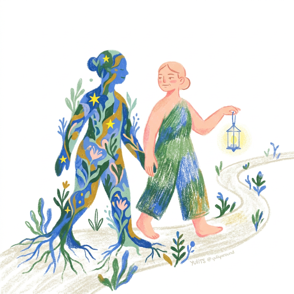 AI Design for (follow art style of attached image)A minimal symbolic illustration of a person walking alongside their shadow. The shadow is transformed into a gentle companion made of soft abstract shapes, plants, and flowing forms rather than darkness. The image represents learning from hidden emotions instead of rejecting them.

Include subtle philosophical symbolism:

a small lantern representing awareness
roots representing unconscious patterns
a pathway representing personal transformation

Composition: horizontal storytelling format, calm visual rhythm, simple shapes.

Style: minimalist narrative illustration, poetic psychology artwork, elegant contemporary therapy branding aesthetic.

Mood: wisdom, compassion, integration. only illustration on solid white background
