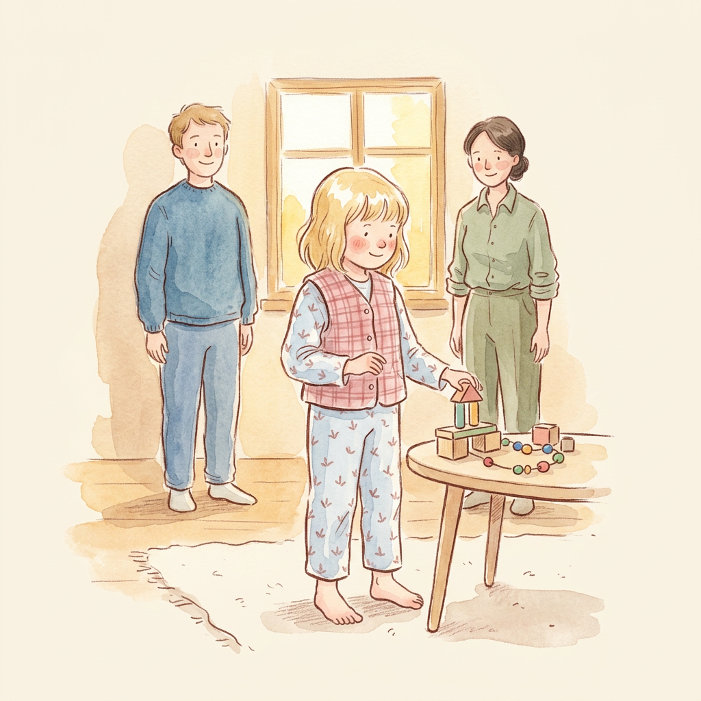 AI Design for Art style reference: (follow reference image)
A warm handcrafted children's picture-book illustration painted with delicate watercolor and colored pencil techniques. Soft textured paper surface, visible watercolor blooms, gentle pigment variations, imperfect hand-painted edges, subtle pencil linework, and organic brush strokes.
Characters have charming childlike proportions:
slightly oversized expressive eyes
rounded faces
soft cheeks with gentle blush
simplified facial features
small rounded hands and feet
natural imperfect hair shapes
emotionally readable expressions
The illustration should feel like a page from a premium children’s storybook, similar to traditional watercolor picture books. Avoid modern vector illustration. Avoid sharp digital edges. Keep the artwork tactile, warm, and handmade.
Use:
soft watercolor washes
transparent layered pigments
delicate colored pencil details
loose ink contours
subtle paper grain
warm natural lighting
Composition:
Minimal storytelling scene with one emotional moment. Large areas of warm cream negative space. Soft organic shapes. No visual clutter.
Environment:
Warm wooden interior atmosphere, soft cream background, natural textures, gentle shadows.
Palette:
Warm muted colors:
cream paper (#F7F1E4)
warm sage (#7E9B6F)
deep forest green (#3F6B3B)
warm honey yellow
muted terracotta skin tones
signature warm blue parent clothing
signature pink child clothing
warm sage therapist clothing
BOARD 4 — “Standing on their own”
Revised AI Image Prompt
A warm inspirational children's storybook watercolor illustration showing independence.
The same child is now taller and more confident.
The child wearing pink clothing stands upright in the foreground, leading an activity independently. They are creating, building, exploring, or completing a small task on their own.
Their body language shows confidence:
straight posture
open shoulders
curious expression
relaxed smile
The parent in warm blue clothing and therapist in warm sage clothing stand several steps behind.
They are smiling proudly but not intervening.
The visual message:
"They can do this."
The child is the emotional focus.
The environment becomes brighter with warm sunlight, soft watercolor washes, and gentle natural textures.
Mood:
Confidence, independence, quiet pride.
Style:
Premium children's picture book illustration, watercolor and colored pencil, soft expressive characters, handmade paper texture.
Avoid:
superhero poses
achievement symbols
adults disappearing
