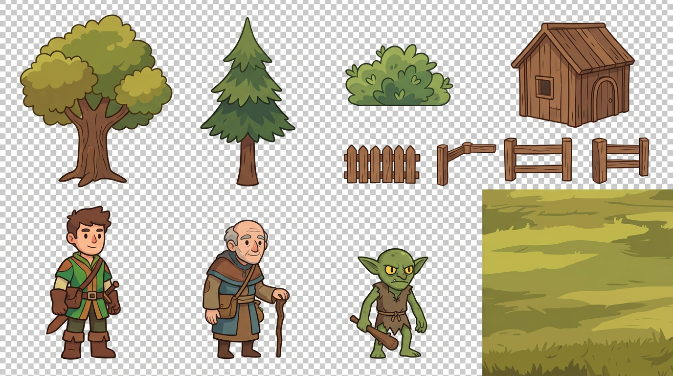 AI Design for Create a professional-quality, production-ready flat vector illustration asset pack for a 2D top-down adventure/RPG game. The artwork should be designed specifically for SVG export, with every illustration built using clean vector paths, organized layer hierarchy, and logical <g> grouping suitable for direct implementation inside a custom SVG game engine.
The illustrations must NOT include backgrounds or environmental scenes. Every object should be an independent asset with transparent background, centered on its own canvas, allowing it to be positioned dynamically by the game engine.
Overall Style
Clean flat vector illustration
Modern indie game aesthetic
Friendly stylized fantasy world
Readable at very small sizes (32–128 px)
Strong silhouettes
Bold but elegant outlines
Limited color palette
Soft earthy colors
Minimal shading
Flat fills with occasional subtle tonal variation
No gradients
No raster effects
No textures baked into objects
No drop shadows
No lighting effects
Pure vector construction
Consistent line thickness
Crisp edges
Simple geometric construction
Slight hand-drawn charm while remaining mathematically clean
Think of:
Cozy indie adventure games
Board-game illustrations
Storybook vector graphics
Casual strategy game assets
Modern SVG iconography combined with cartoon illustration
SVG Technical Requirements
Generate artwork intended for direct SVG export.
Every asset must have:
grouped objects using <g> elements
meaningful hierarchy
separate groups for:
outline
fills
foliage
trunk
doors
roof
windows
accessories
character body
arms
legs
head
eyes
clothing
weapons
hair
effects (if any)
Avoid:
merged paths
clipping masks unless absolutely necessary
embedded raster images
filters
gradients
opacity masks
unnecessary anchor points
Use clean Bézier curves with optimized node counts.
Artwork should remain easily editable inside:
Inkscape
Illustrator
Figma
Affinity Designer
Asset List
1. Tree Variant A
Large leafy deciduous tree.
Features:
rounded canopy
thick trunk
visible roots
clustered foliage
slightly asymmetrical silhouette
warm green palette
simple bark lines
Designed to remain readable from a distance.
2. Tree Variant B
Different silhouette.
Possible ideas:
taller
thinner trunk
layered canopy
autumn variation
pine variation
twisted branches
Clearly distinguishable from Tree A.
3. Bush
Compact bush.
Requirements:
rounded organic shape
multiple foliage clusters
simple outline
several green tones
clean silhouette
4. Wooden Shed
Small rustic structure.
Features:
wooden planks
simple roof
tiny window
small door
charming proportions
slightly whimsical
fantasy-inspired but believable
No perspective distortion.
Top-down compatible.
5. Wooden Fence
Modular fence section.
Include:
single fence piece
corner piece
end piece
Designed so multiple copies connect seamlessly.
Character Design
Characters are displayed quite small on screen.
Prioritize:
silhouette
color separation
recognizable shapes
Avoid unnecessary tiny details.
6. Main Character
Friendly explorer.
Design:
colorful tunic
boots
satchel
expressive face
adventurous appearance
approachable personality
medium proportions
slightly oversized head for readability
Neutral standing pose.
7. NPC Character
Friendly villager.
Design ideas:
older traveler
merchant
farmer
wizard
herbalist
Warm personality.
Simple readable clothing.
Unique silhouette.
8. Enemy Character
Small hostile creature.
Options:
goblin
bandit
forest spirit
wolf-like creature
corrupted animal
Should visually contrast with friendly characters.
Simple but memorable.
Grass Tile Texture
Create a seamless repeating grass tile.
Requirements:
Inspired by stylized painted grass similar to the provided reference.
Characteristics:
layered brush-like shapes
irregular patches
soft color variation
warm greens
olive greens
muted yellow greens
occasional darker strokes
Maintain a flat vector appearance while suggesting natural variation.
Must tile perfectly in every direction.
No obvious repetition.
No visible seams.
No isolated objects.
No flowers.
No rocks.
No shadows.
Pure grass texture only.
Color Palette
Warm earthy colors.
Examples:
olive green
moss green
forest green
muted yellow
warm brown
bark brown
desaturated orange
soft beige
muted gray
Avoid saturated neon colors.
Composition
Each asset centered individually.
Consistent visual scale.
Consistent line weight.
Consistent proportions.
Designed for placement onto a game board without backgrounds.
Quality Requirements
Professional game production quality.
Vector artwork suitable for:
indie games
SVG game engines
procedural placement
animation-ready assets
interactive applications
The final assets should feel cohesive as a complete asset pack, maintaining a unified visual language across all objects and characters while remaining lightweight, highly readable, scalable to any resolution, and optimized for direct SVG implementation with clean grouped vector elements.