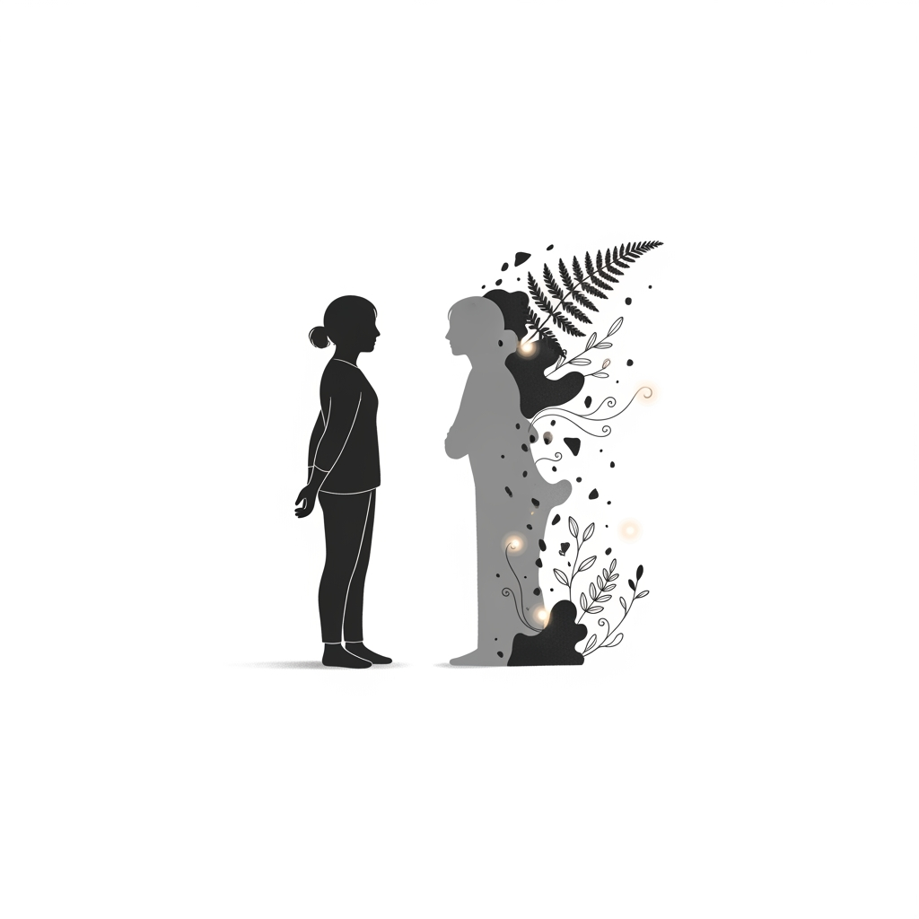 AI Design for Minimal symbolic illustration exploring Jungian shadow work and inner integration. A solitary human silhouette standing before a soft translucent shadow version of themselves, not frightening but contemplative and compassionate. The shadow gently mirrors the person, representing forgotten emotions, suppressed memories, and unseen parts of the psyche. Use poetic visual metaphors: fragments of darkness transforming into delicate botanical forms, small glowing points emerging from within the shadow, suggesting awareness and healing.

Composition: centered, spacious, quiet, with large areas of negative space. Elegant minimal arrangement, emotionally intimate, suitable for a mental wellness workshop poster. only illustration on solid white background


Style: refined editorial illustration, delicate hand-drawn quality, subtle organic imperfections, poetic symbolism, calm psychological atmosphere, minimalist storytelling.

Mood: introspective, safe, compassionate, transformative.

Avoid: horror imagery, dramatic darkness, fear, trauma depiction, realistic portrait details.