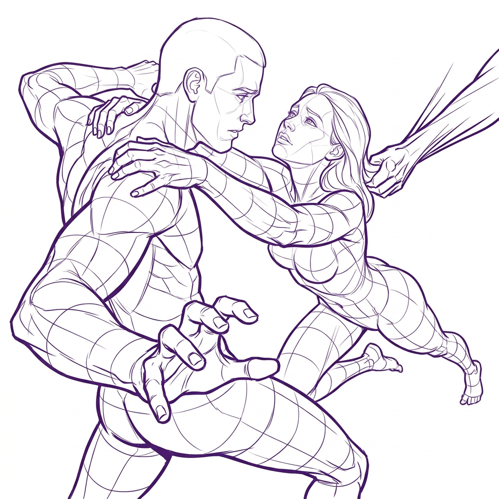 AI Design for make another version of this pose where a man and a woman look  in love but they look like they are trying to hold on to each other but being pulled apart. foreshortening pose, dynamic scene, bold composition