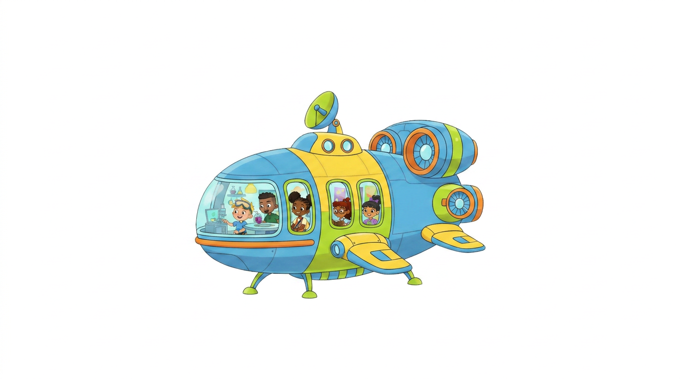 AI Design for MAKE CHANEGS TO THE FIRST ILLUSTRATION ACCORDING TO THE SECOND REFERENC IMAGE.  characters in rocket should be the 5 characters in the 3rd attached image