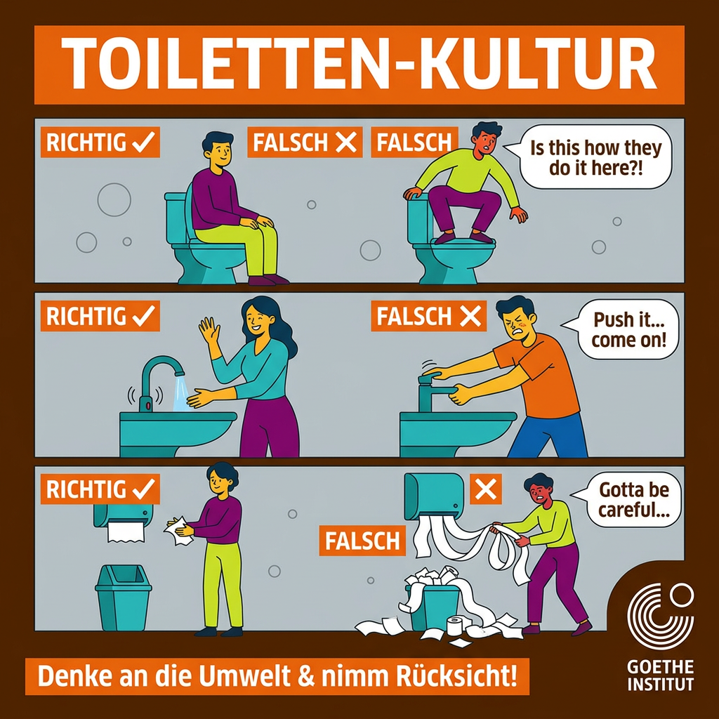 AI Design for Create a humorous educational Goethe-Institut restroom etiquette poster.
Use three mini comic scenes.
Scene 1
Correct toilet usage.
Contrast with visitor standing on toilet seat.
Friendly visual humor.
Scene 2
Sensor faucet operation.
Visitor waves hand under sensor.
Contrast with another visitor pushing faucet aggressively.
Scene 3
Responsible tissue use.
Contrast with excessive tissue waste.
Characters remain respectful and relatable.
Use large expressive poses.
Strong visual contrast between correct and incorrect actions.
Minimal background details.
Goethe-Institut vector illustration style.
