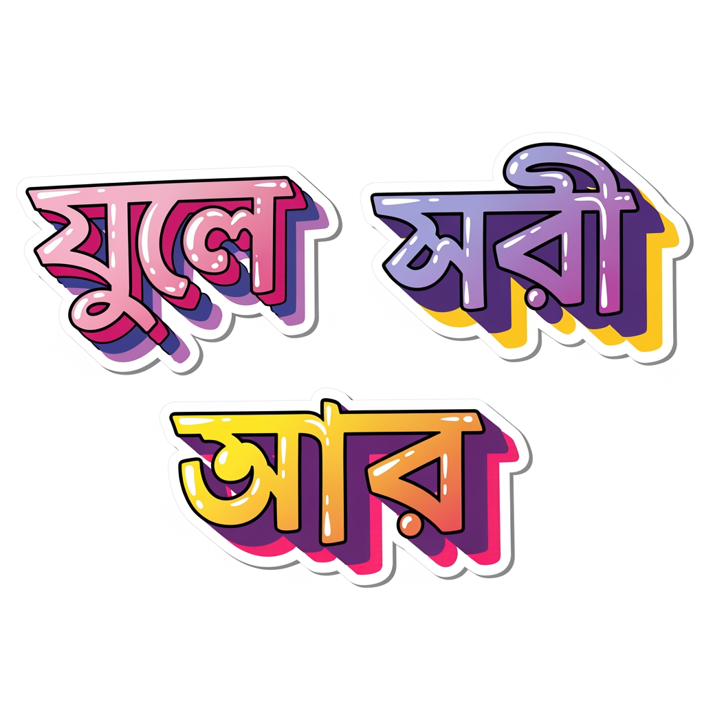 Create a highly detailed professional AI image generation prompt for a bold Bangla typography sticker illustration collection inspired by trendy pop-art, Y2K sticker culture, and modern South Asian street aesthetics. The composition should feature expressive Bangla words designed as individual decorative sticker graphics with thick outlines, glossy highlights, playful shadows, layered borders, and vibrant neon color palettes similar to fashionable social-media sticker packs and contemporary youth merchandise.

The Bangla words to illustrate are:

“অভিমান”
“পিছুটান”
“বিরহ”

CRITICAL REQUIREMENT:
Ensure the Bangla spelling is 100% accurate, culturally authentic, highly readable, and visually balanced. The Bangla typography must remain legible even with stylization. Preserve correct Bangla character structure, spacing, vowel signs, conjunct letters, and headline alignment. Do not distort the script beyond recognition.

Art Direction:

Create each word as a separate expressive typographic artwork
Inspired by playful sticker aesthetics, kawaii pop graphics, neon signage, retro desi typography, and trendy digital doodle art
Thick white outer sticker border around each word
Additional colored offset shadow borders (pink, purple, yellow, magenta gradients)
Puffy bubble-letter styling mixed with hand-lettered Bangla calligraphy
Glossy candy-like finish with subtle highlights
Bold black inner outlines for readability
Dynamic layered typography with depth and dimensionality
Add decorative elements around the words:
sparkles
hearts
stars
drips
flowers
smiley faces
abstract blobs
leopard-print accents
shiny reflections
cute doodles
Vibrant color palette:
hot pink
purple
neon yellow
electric magenta
white
black accents
occasional coral and red tones
Background should be deep dark purple or transparent
High contrast for sticker usability
Composition should resemble premium die-cut vinyl stickers
Clean vector-style illustration quality
Smooth curves and polished professional linework
Youthful, emotional, expressive mood matching the meanings of the words
“অভিমান” should feel soft, emotional, dramatic
“পিছুটান” should feel nostalgic and dreamy
“বিরহ” should feel poetic, melancholic, romantic

Rendering Style:

ultra-clean vector illustration
premium sticker pack aesthetic
crisp edges
high-resolution
print-ready
modern digital illustration
bold contour lines
layered drop shadows
subtle 3D depth
vibrant saturated colors
trendy Instagram sticker aesthetic
Behance-quality typography artwork
balanced spacing and typography hierarchy

Negative Prompt:
low resolution, unreadable Bangla text, incorrect Bangla spelling, distorted letters, messy typography, extra characters, broken conjunct letters, warped script, blurry edges, realistic photography, muted colors, flat design, poor composition, pixelation, cluttered layout, thin outlines, bad kerning, AI text artifacts, illegible typography