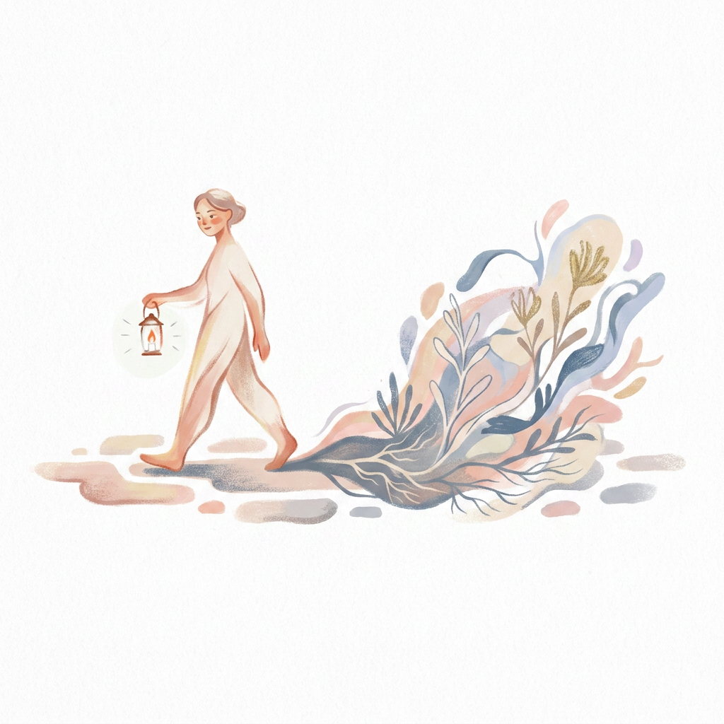 AI Design for (follow art style of attached image)A minimal symbolic illustration of a person walking alongside their shadow. The shadow is transformed into a gentle companion made of soft abstract shapes, plants, and flowing forms rather than darkness. The image represents learning from hidden emotions instead of rejecting them.

Include subtle philosophical symbolism:

a small lantern representing awareness
roots representing unconscious patterns
a pathway representing personal transformation

Composition: horizontal storytelling format, calm visual rhythm, simple shapes.

Style: minimalist narrative illustration, poetic psychology artwork, elegant contemporary therapy branding aesthetic.

Mood: wisdom, compassion, integration. only illustration on solid white background