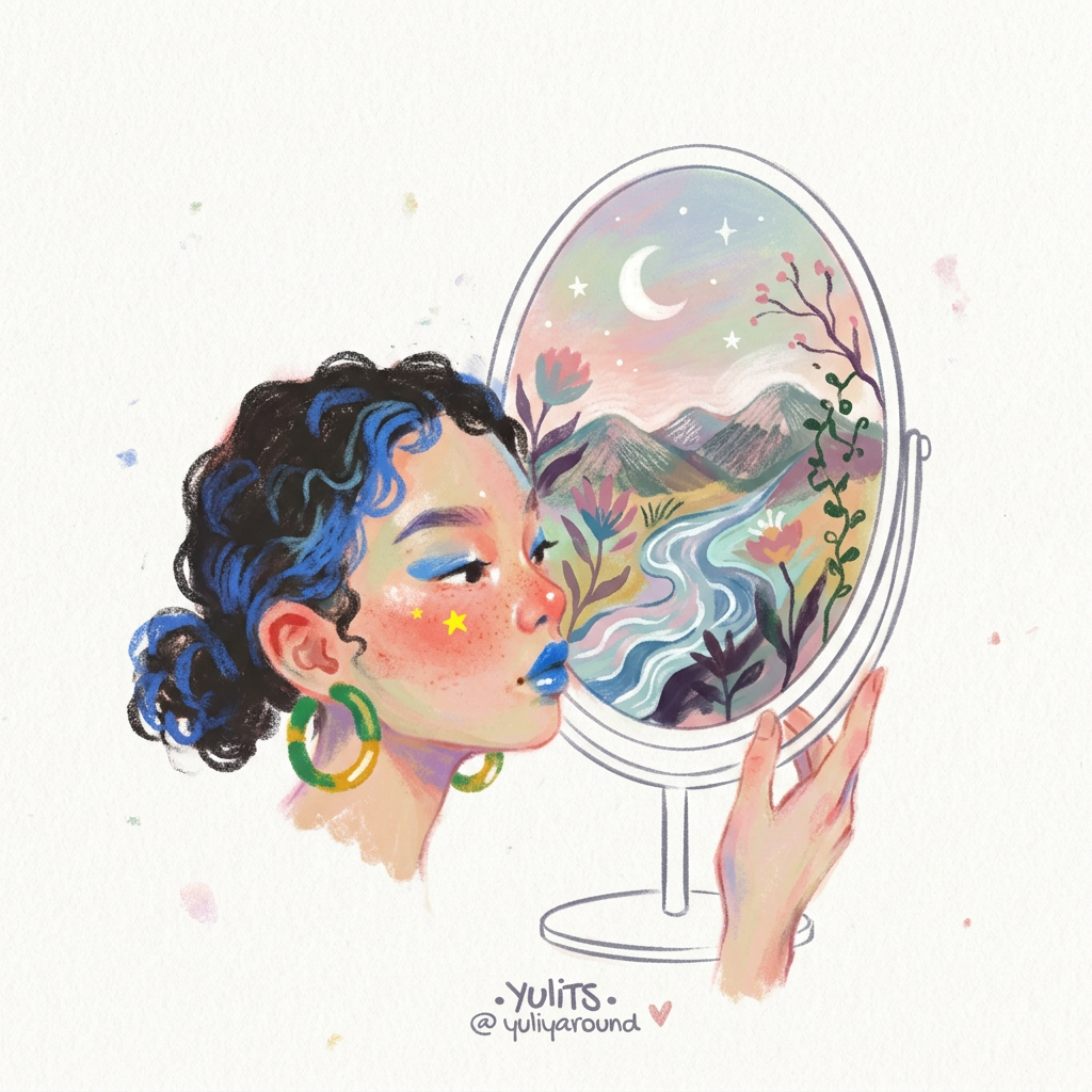 AI Design for (follow art style of attached image)Minimal conceptual illustration showing a person looking into a symbolic mirror. Instead of a reflection, the mirror reveals abstract fragments of emotions, memories, dreams, and hidden aspects of the self. The reflection is not another person but a poetic landscape containing mountains, moons, flowers, waves, and subtle shadows.

The image represents self-inquiry, emotional awareness, and embracing all parts of oneself.

Composition: clean central focus, generous empty space, elegant simplicity.

Style: sophisticated psychological illustration, poetic surrealism, minimalist editorial artwork, delicate hand-crafted appearance.

Mood: curiosity, acceptance, inner discovery..only illustration on solid white background