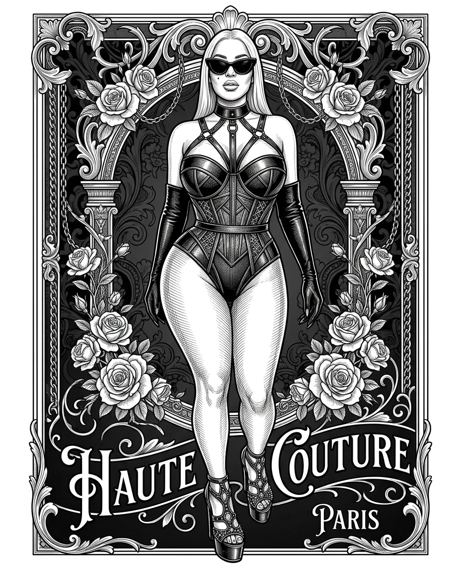 AI Design for Create a highly detailed, museum-quality fashion illustration inspired by the reference subject while preserving her recognizable facial features, platinum-blonde hair, curvy silhouette, confident stance, and overall likeness. Render the artwork as an elegant black-and-white ink print with intricate linework, cross-hatching, and ornamental engraving techniques reminiscent of Art Nouveau and luxury editorial illustration. Dress the subject in an avant-garde haute couture ensemble featuring structured leather-inspired textures, corsetry, tailored gloves, geometric harness-inspired fashion details, metallic accents, dramatic platform heels, and oversized cat-eye sunglasses. Incorporate ornate filigree, roses, chains used purely as decorative fashion motifs, architectural flourishes, and a luxurious dark ornamental background. Emphasize confidence, power, sophistication, and high-fashion styling rather than explicit or sexual themes. Ultra-high detail, crisp clean linework, balanced composition, print-ready quality, intricate decorative borders, elegant typography space, 8K resolution, professional illustration.