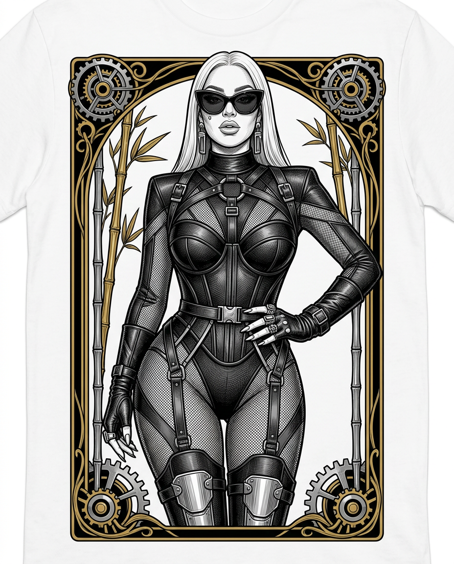 AI Design for Create a highly detailed, tshirt print illustration inspired by the reference subject while preserving her recognizable facial features, platinum-blonde hair, curvy silhouette, confident stance, and overall likeness. Dress the subject in an avant-garde haute couture ensemble featuring structured leather-inspired textures, corsetry, tailored gloves, geometric harness-inspired fashion details, metallic accents, dramatic platform heels, and oversized cat-eye sunglasses. sexy lingerie. Emphasize confidence, power, sophistication, and high-fashion styling rather than explicit or sexual themes. Ultra-high detail, crisp clean linework, balanced composition, print-ready quality, intricate decorative borders, no text. 8K resolution, professional illustration.