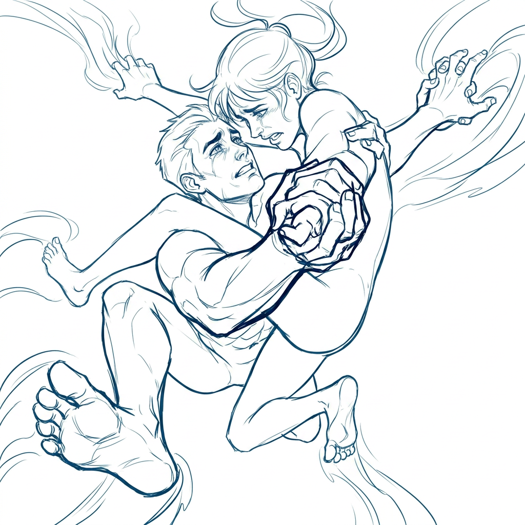 AI Design for make another version of this pose where the people look more in love but they look like they are trying to hold on to each other but being pulled apart. foreshortening pose, dynamic scene, bold composition